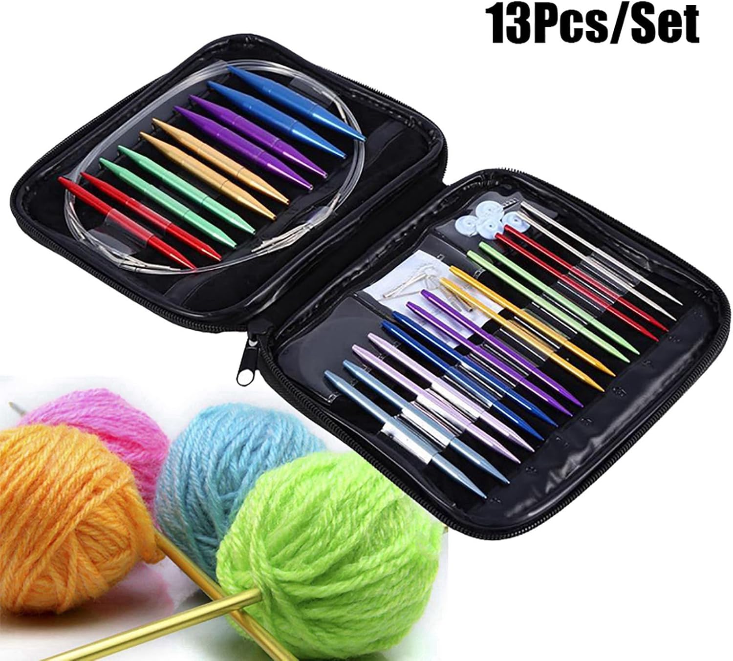 Aluminum Knitting Needle Kit, Interchangeable Circular Knitting Needles Set with Ergonomic Handles Crochet Needles with Storage Case Knit Needles