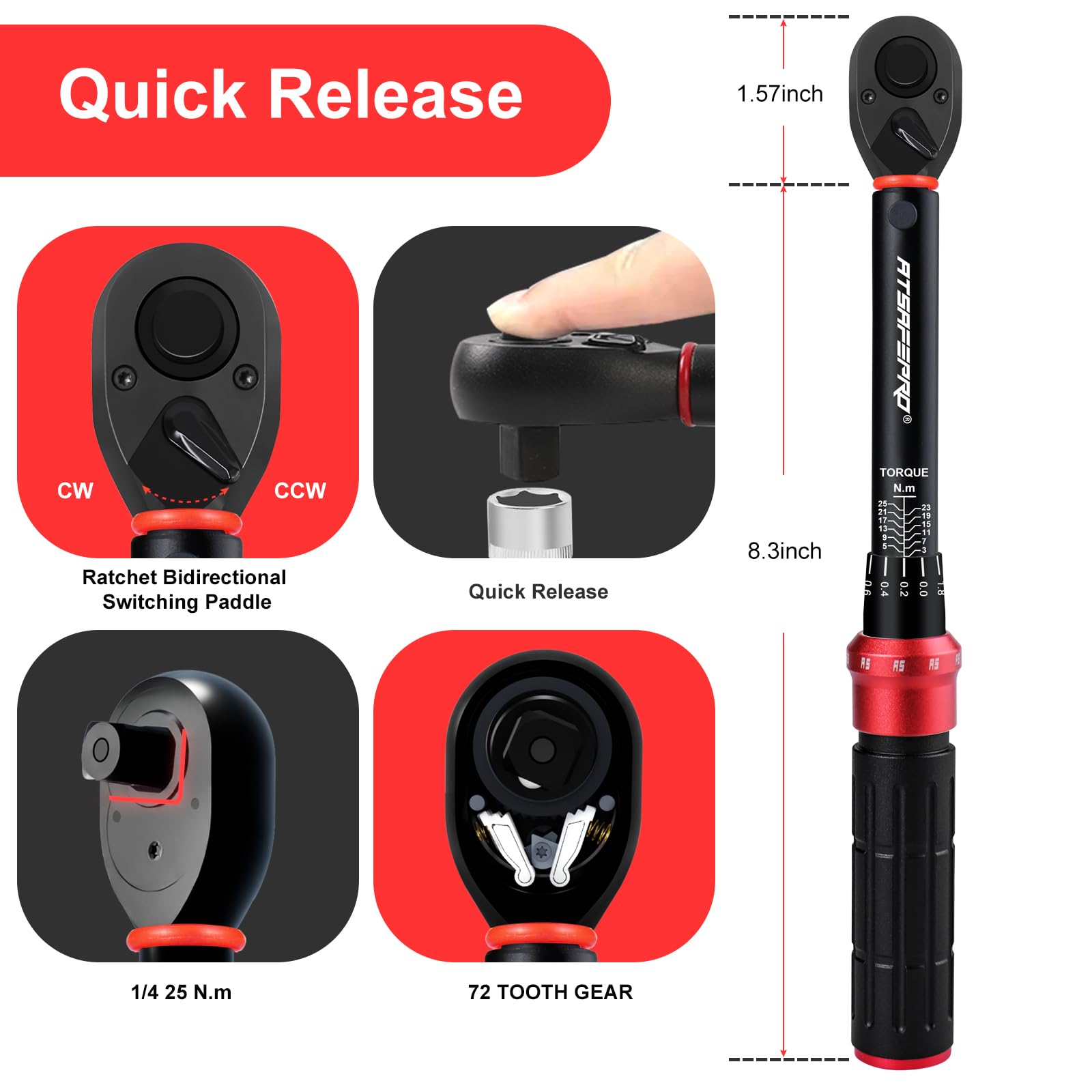 ATsafepro Bike Torque Wrench 1/4 Inch 3-25 Nm,72 Tooth Dual Direction Adjustable Torque Spanner,±3% Error Accuracy for Bike and Motorcycle Maintenance - Image 2
