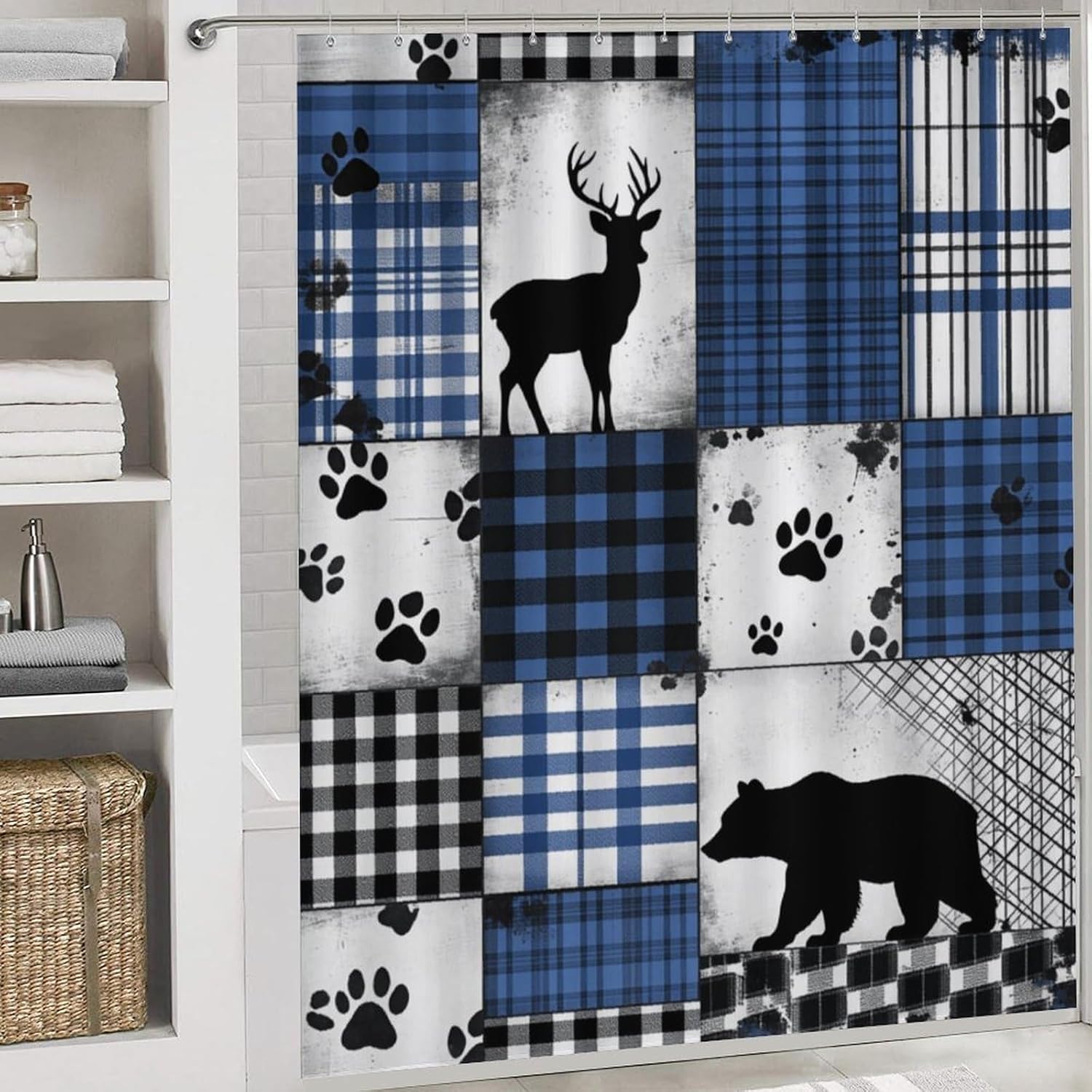4Pcs Retro Patchwork Deer Bear Paw Square Shower Curtain 72W X 72L, Toilet Lid Cover Non-Slip Rugs and U-Shaped Mat, Rustic Line Blue Bathroom Decor Set with 12 Hooks