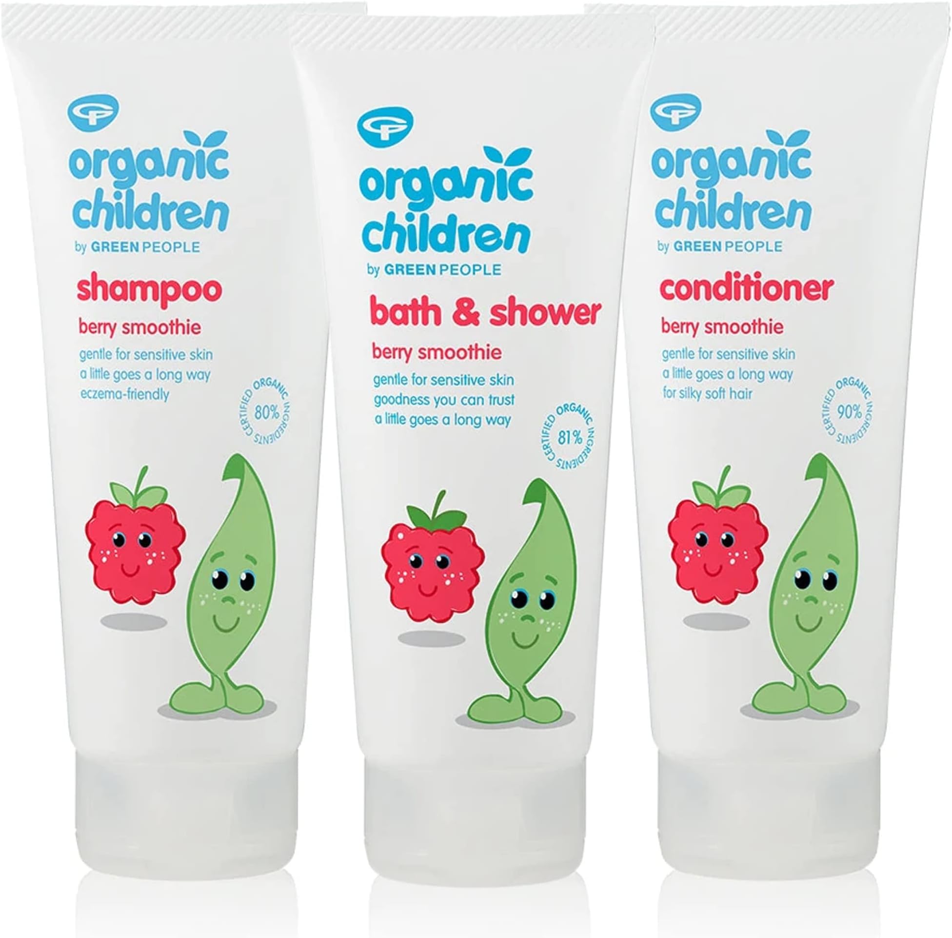 Green PeopleOrganic Children Berry Burst Bath and Shower, Shampoo and Conditioner Bundle, Sensitive skin, Eczema-friendly, Certified organic ingredients, Clear 200 ml Each