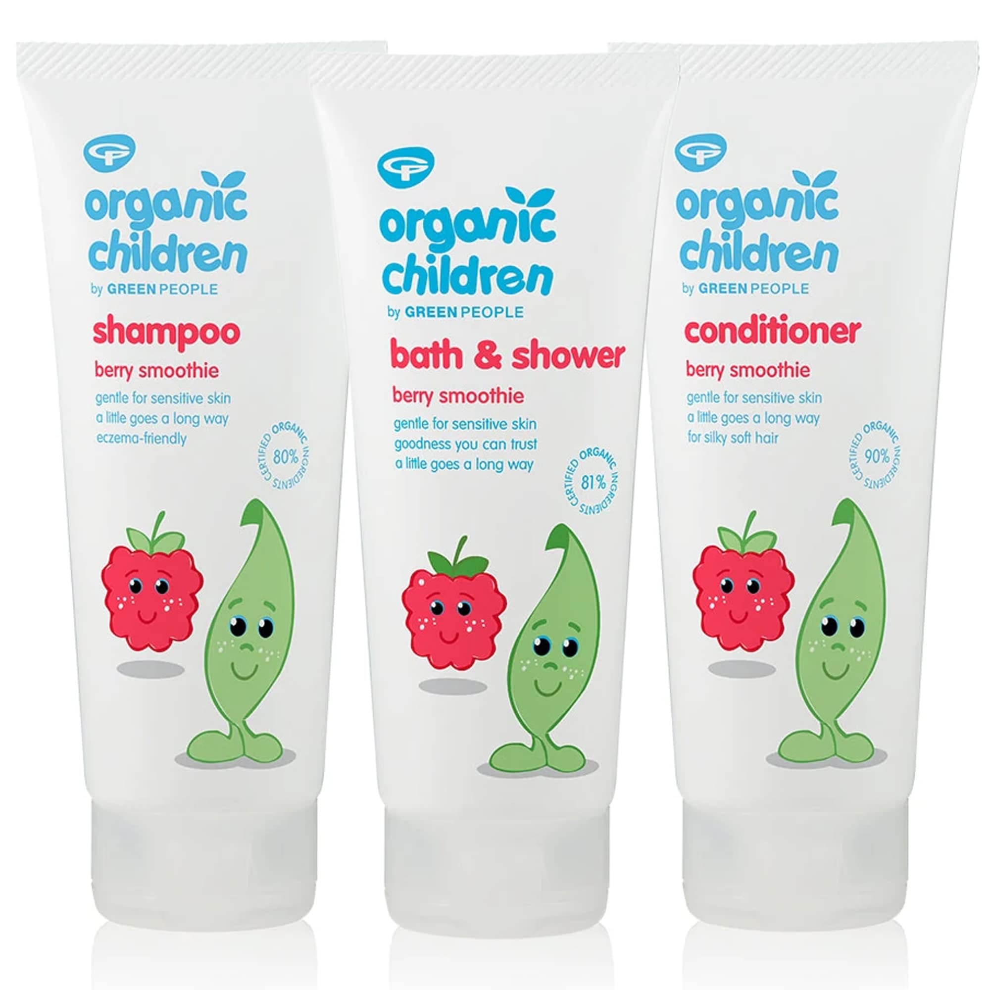 Green PeopleOrganic Children Berry Burst Bath and Shower, Shampoo and Conditioner Bundle, Sensitive skin, Eczema-friendly, Certified organic ingredients, Clear 200 ml Each