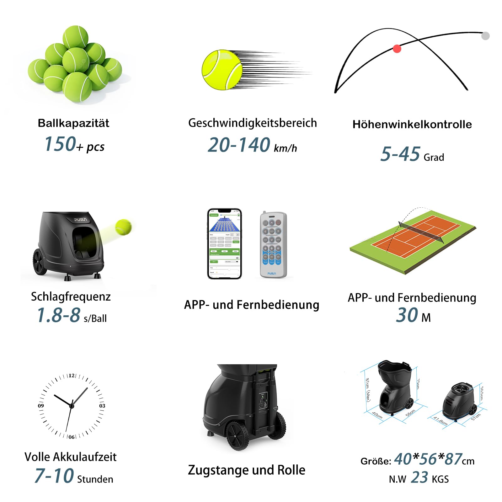 PUSUN PT-9001Pro Tennisballmaschine - Profi Ballwerfer mit APP-Steuerung (App für Apple Watch), 35 Landepunkte & Variable Geschwindigkeit, mobiler Ballwerfer (7-10 Std. Akkulaufzeit)