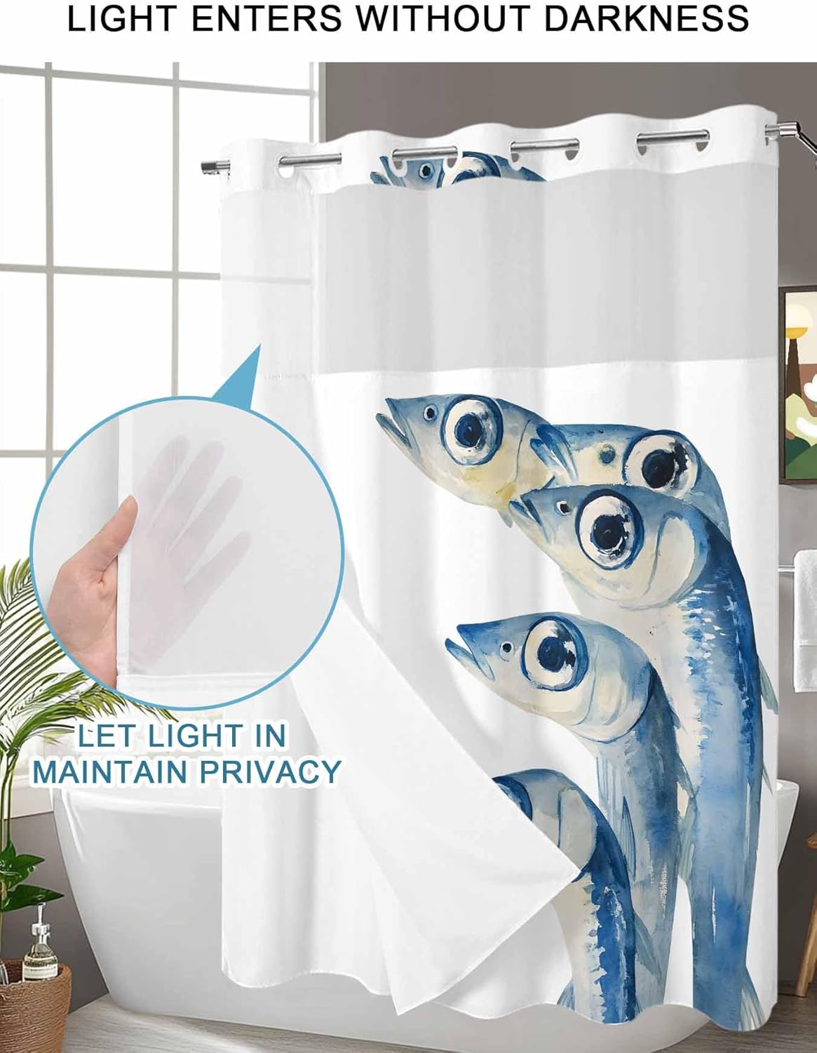 No Hook Shower Curtain, Blue Fish Stall Bathroom Curtains with Snap in Liner, Coastal Ocean Animal Watercolor White Waterproof Washable Fabric Shower Curtain Set, 54" x 78"