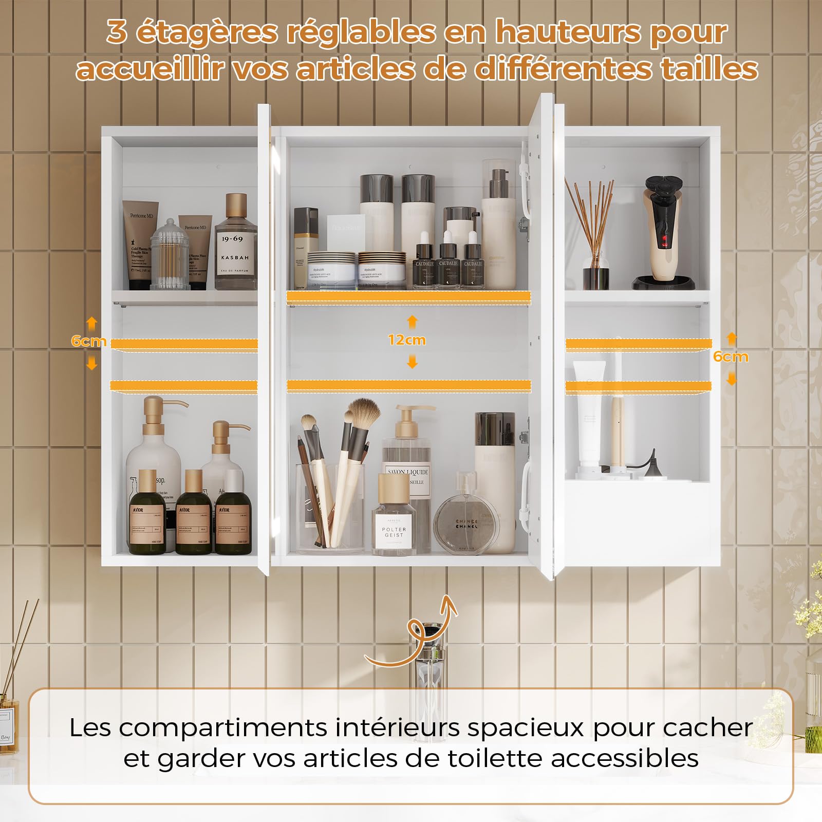Armoire Salle de Bain avec Miroir LED Lumineux 3 Températures + Intensité Réglable, Prise Électrique (2 AC + 2 USB), Capteur Tactile - 3 Étagères Réglables -Design Moderne 60x80x16 cm(HxLxP)