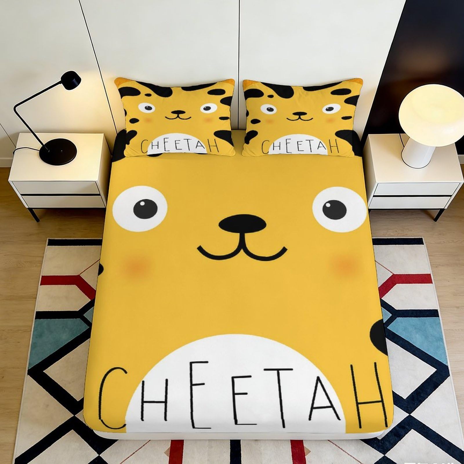 3D Printed Cute Cheetah Fitted Sheet Microfiber Yellow Animal Cartoon Mattress Cover for Bedroom Dorm Kids Teens 120x200x25cm