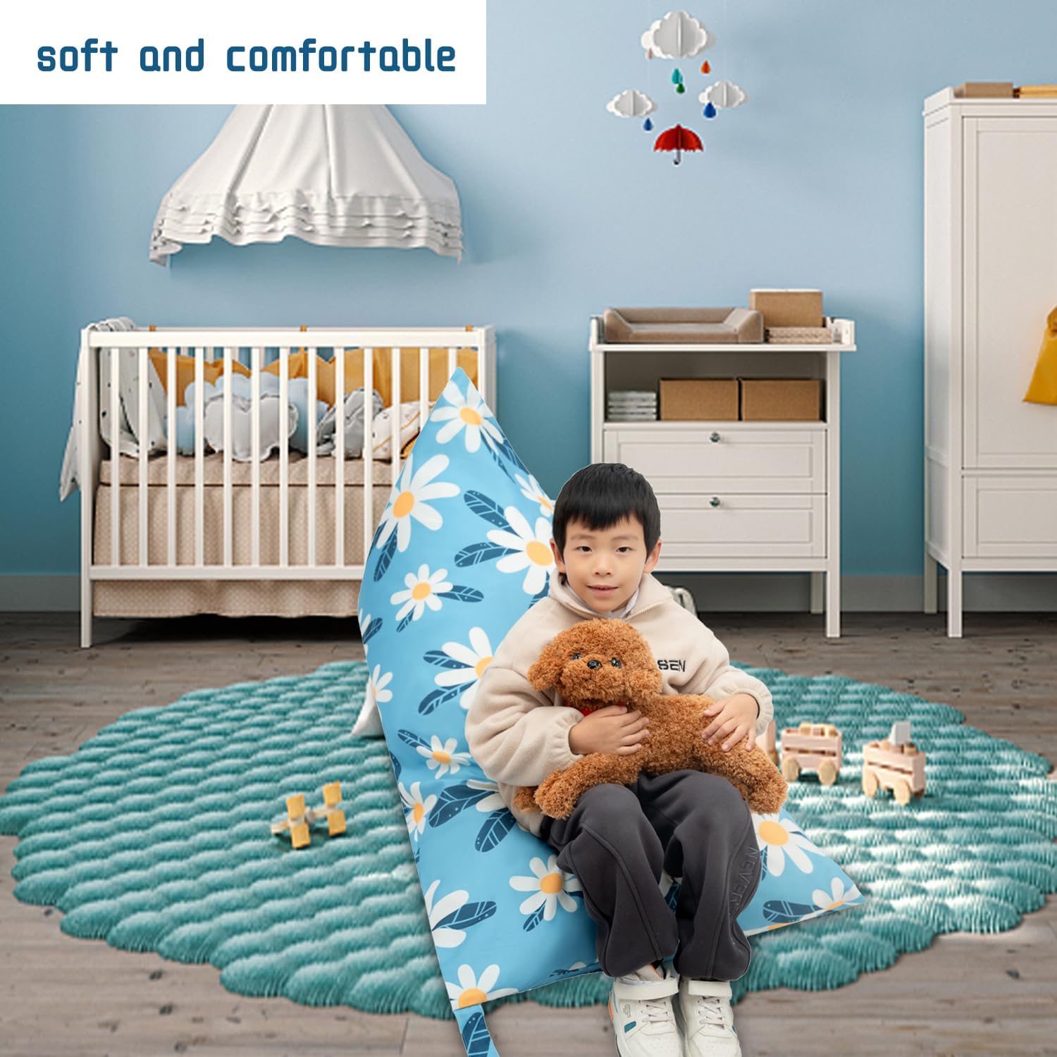 LOLOMLO Stuffed Animal Storage Bean Bag Chair Cover, 52" x 31" Extra Large Beanbag with YKK Zipper, Sit Seat Sofa for Kids Teens Adults, Hold Plush Toy Blankets Towels, 200L/52Gal, Cover Only,Sky Blue
