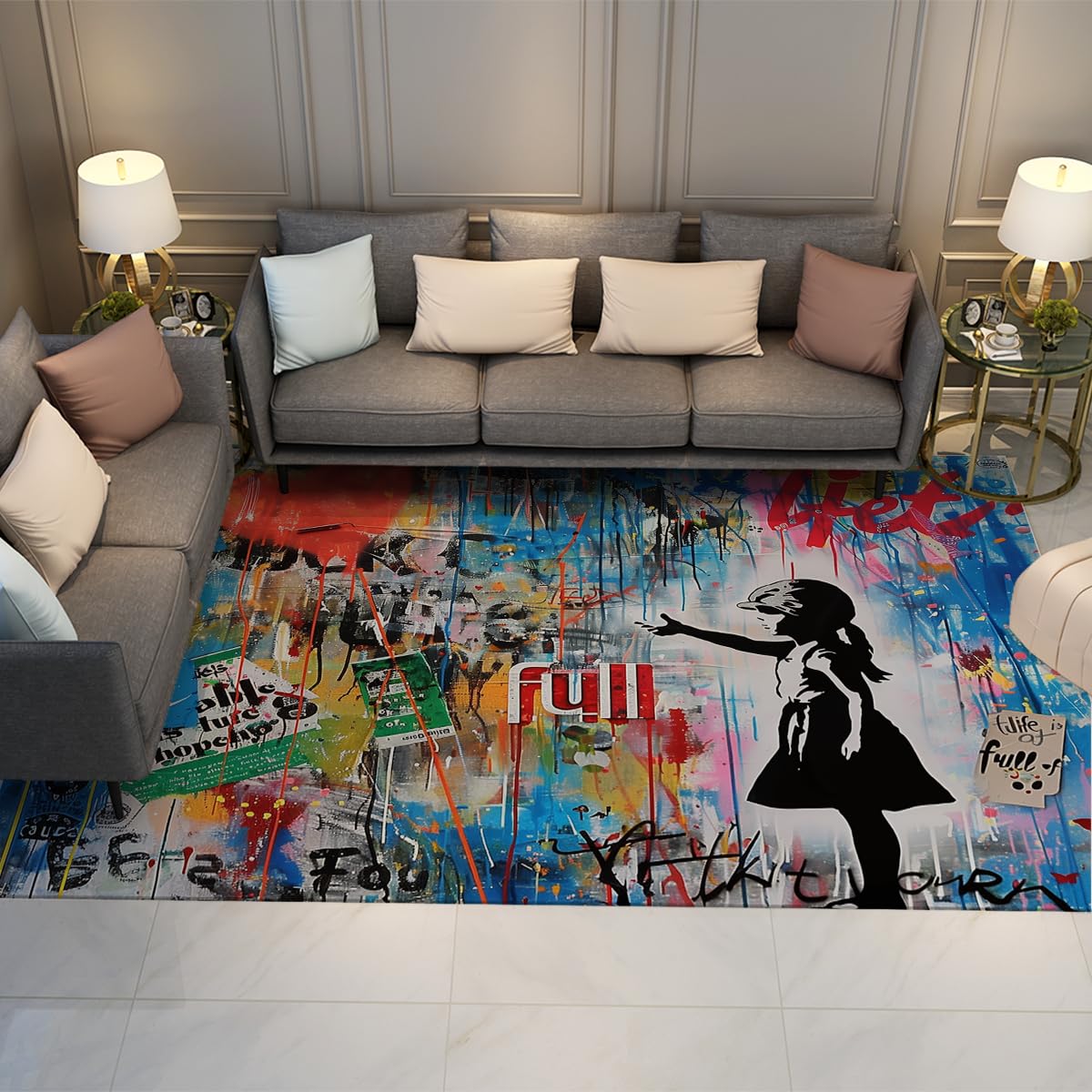 Tapis Poil Court Lavable en Machine 90x150cm Motif Pop Street Art Fille et Ballon Résistant