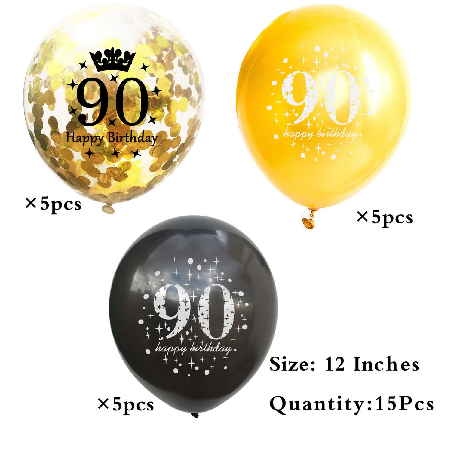 SHUNTAI 90th Birthday Balloons Gold and Black 90th Birthday Decorations for Men Women Latex Confetti Balloon Happy 90 Year Old Anniversary Theme Party Decor Supplies 15 Pieces 12 inch