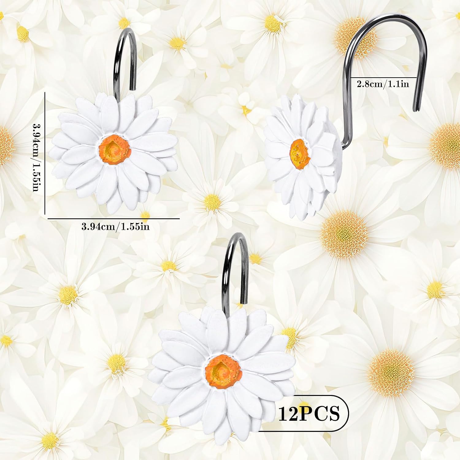 Whaline 12Pcs Spring Daisy Shower Curtain Hooks Summer White Flower Shower Rod Rings Boho Floral Decorative Curtain Hanger Hooks for Living Room Bedroom Bathroom Decor image 2