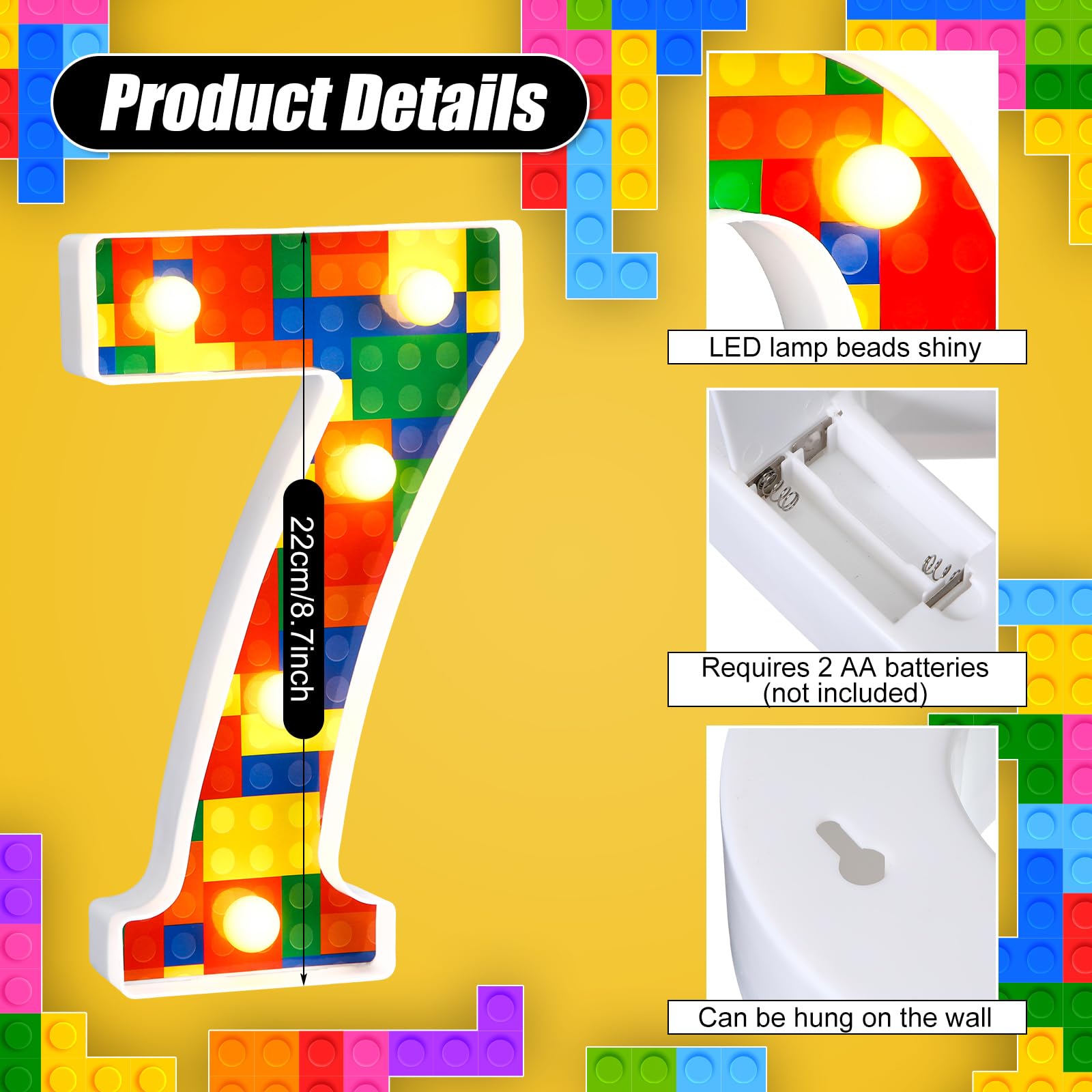 Baquler Bloque de construcción con números iluminados para decoración de cumpleaños, marquesina, números LED para fiesta, suministros para fiesta de cumpleaños, 8.58 pulgadas (número 7)