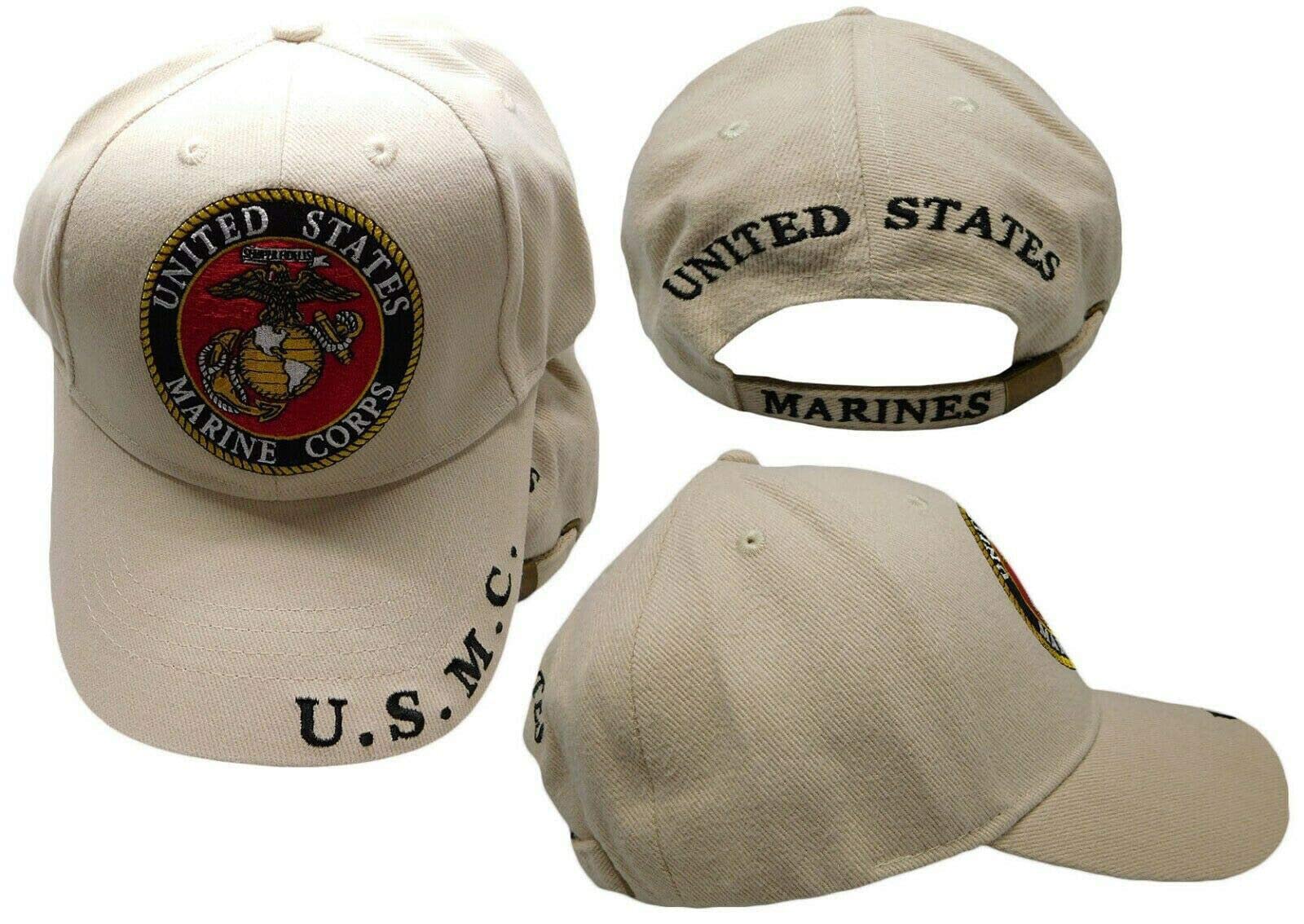 US United States Marine Corps U.S.M.C. Round Emblem Logo Khaki Adjustable Embroidered Cotton Hat Cap - Officially Licensed