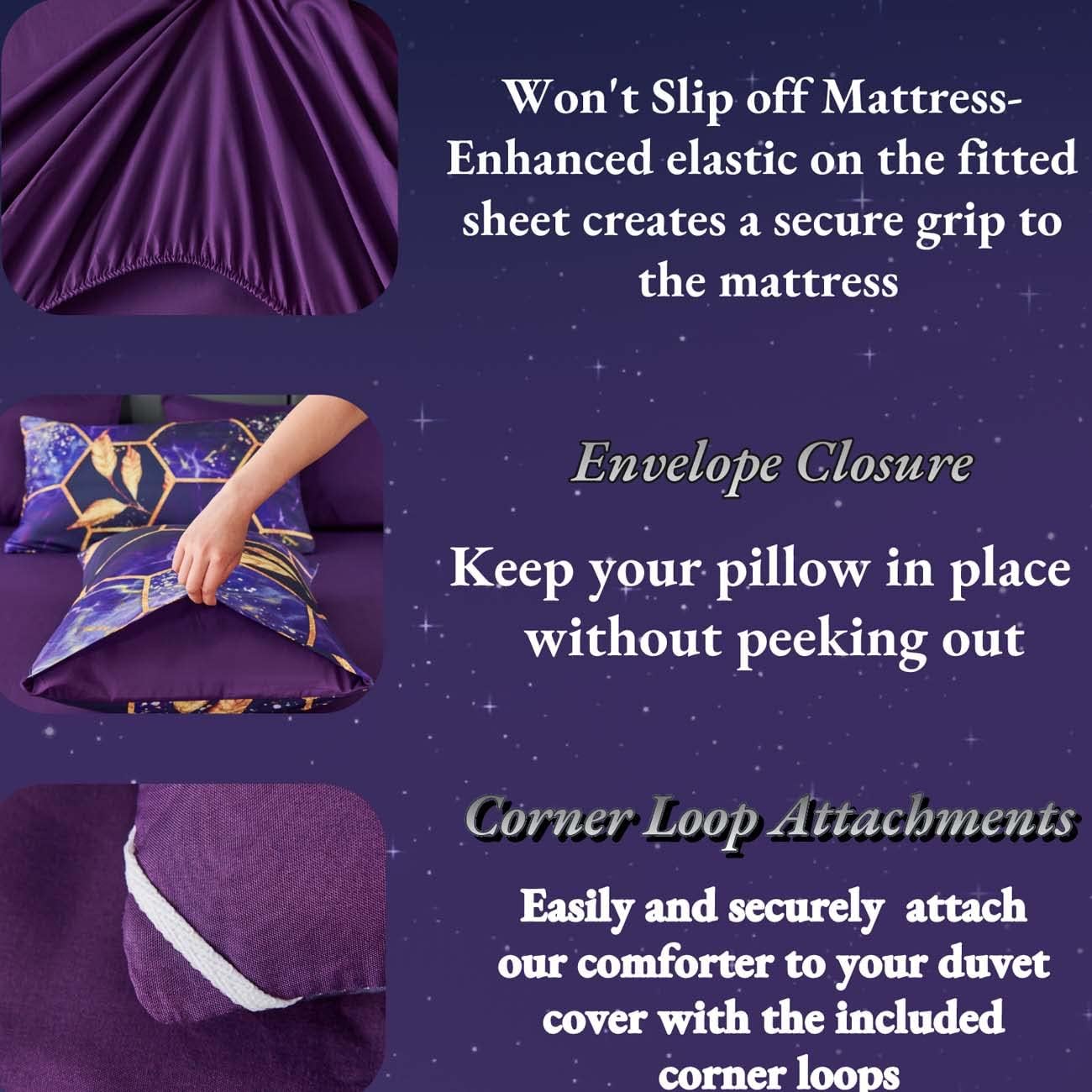 ANGIYUIN 7Pcs Mable Bed in A Bag Purple Gold Queen Comforter Set, 3D Geometric Honeycomb Theme Decor Yellow Leaf Bedding Set, Modern Foil Print Bed Sets with Comforter and Sheets (Purple Queen) - Image 8