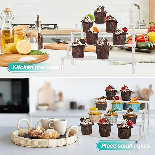 Miniatura 11 de Paquete de 2 elevadores acrílicos, estante transparente de 3 niveles, soporte de exhibición de cupcakes, escalones para alimentos, postres