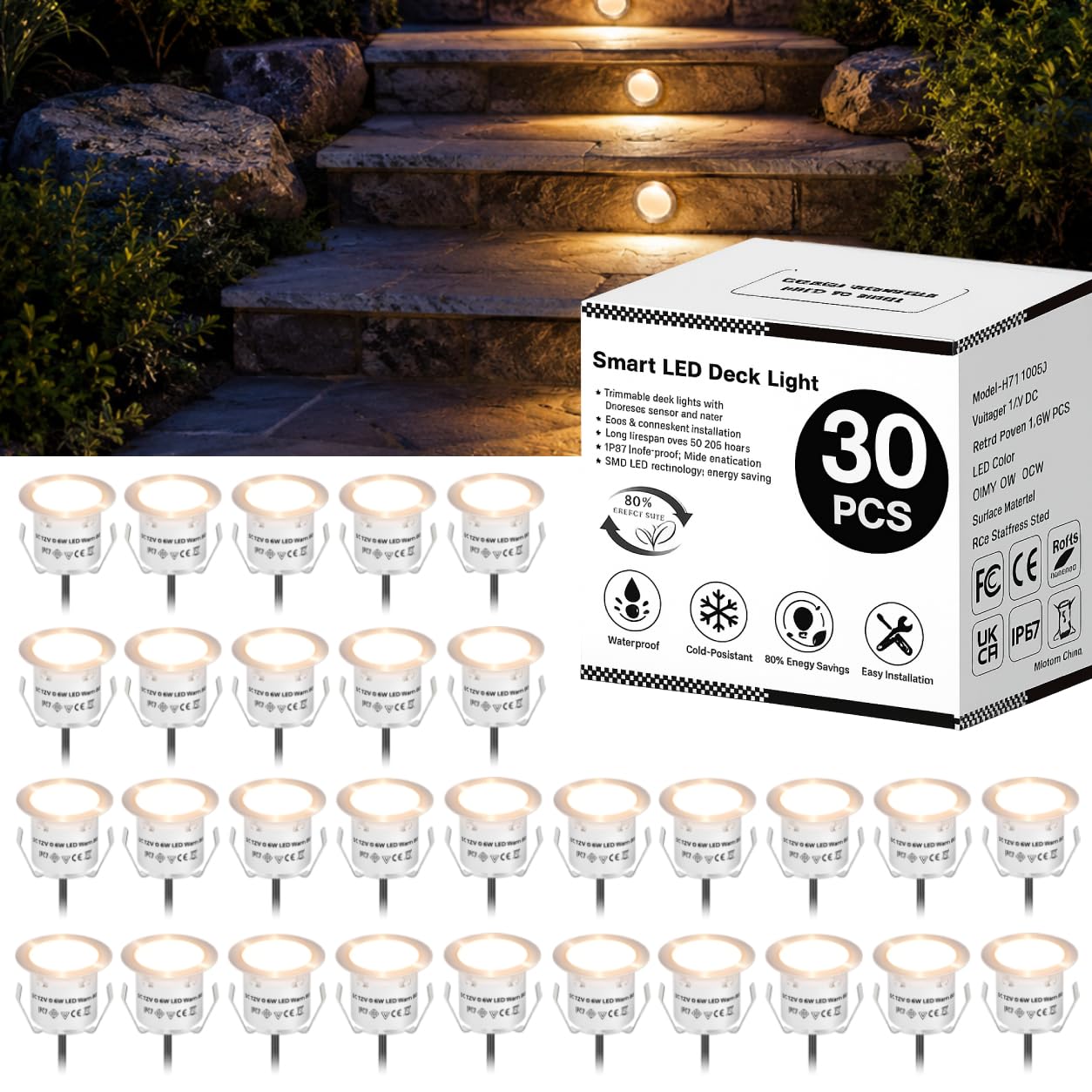 HIBOITEC 30PCS Decking Lights, 0.6W LED Deck Lights, Warm White Deck Lighting IP67 Waterproof, 12V Low Voltage Kitchen Plinth Lights for Yard, Garden Steps, Patio, Stair, Driveway