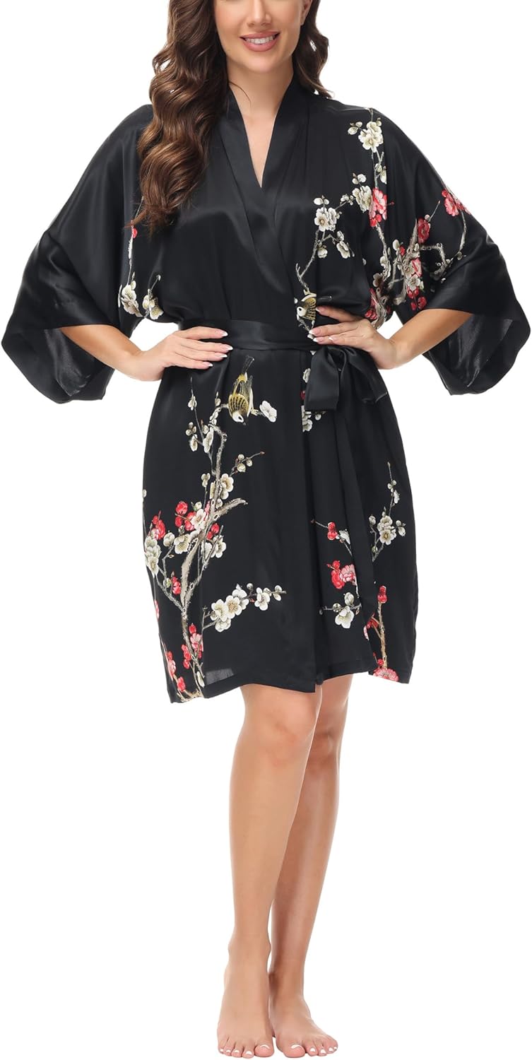 OSCAR ROSSA Women's Mulberry Silk Sleepwear 100% Silk Charmeuse Printed Short Robe Kimono