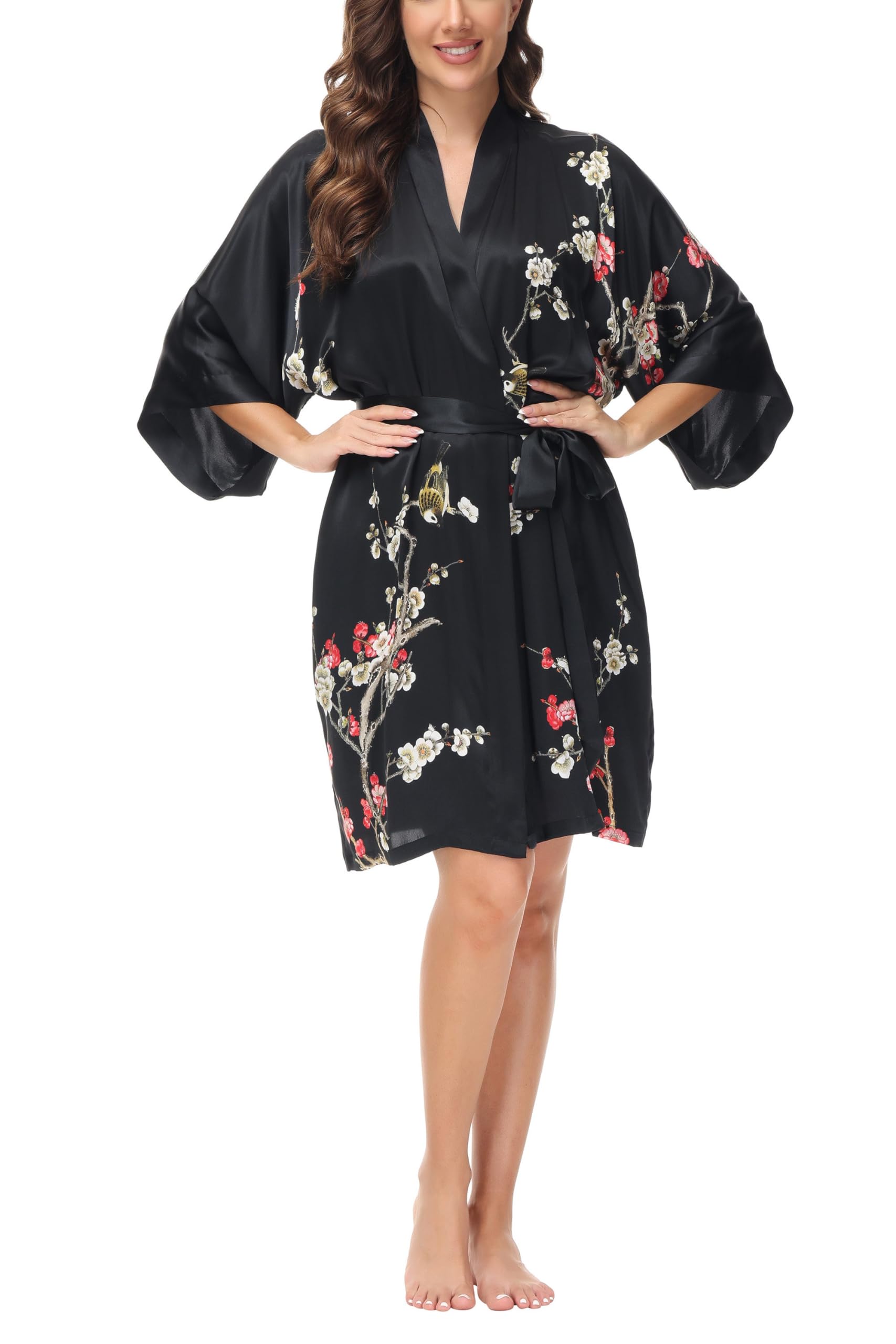 OSCAR ROSSA Women's Mulberry Silk Sleepwear 100% Silk Charmeuse Printed Short Robe Kimono