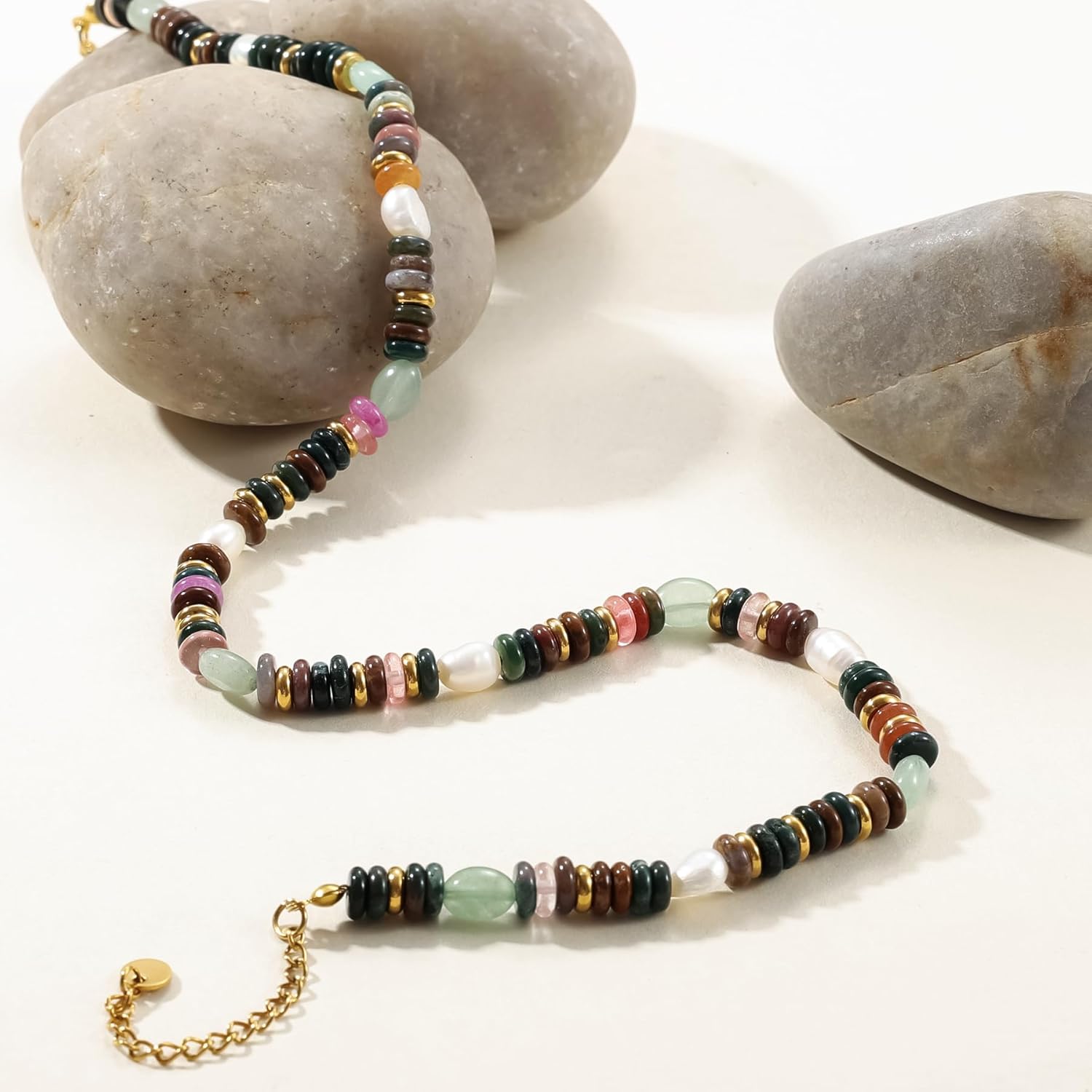 Beaded Gemstone Necklace for Women, Colorful Boho Bead Choker Necklace Natural Stone Freshwater Pearl Surfer Beach Necklace 14K Gold Plated Summer Handmade Jewelry Gifts