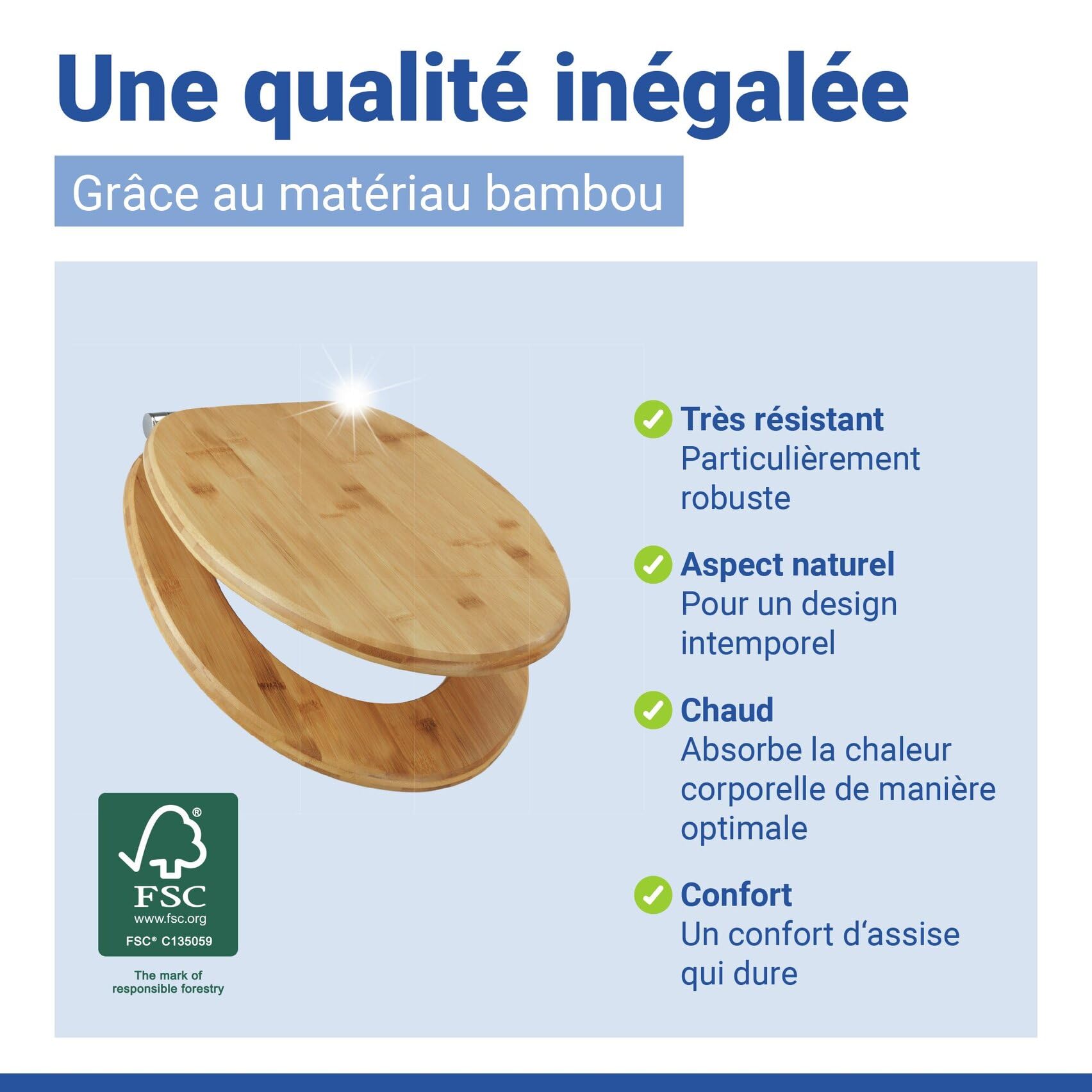 WENKO Abattant WC Bambusa | Lunettes WC Frein de Chute | Installation Rapide | Déclipsable pour Entretien Facile | Tampon Mural et Patin Anti Glisse | Bambou certifié FSC® | 34,5 x 40,5 cm | Bambou