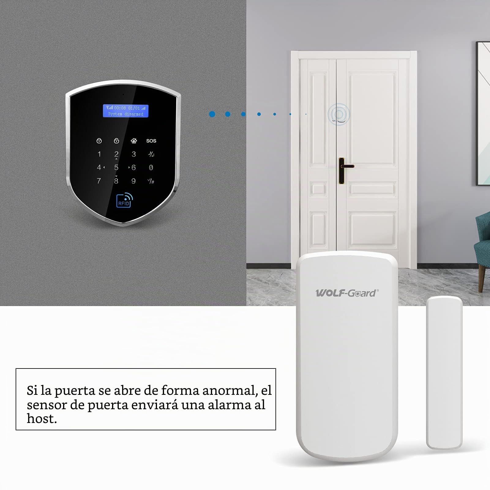 Wolf-Guard WM2GR-P Sistema de Alarma de Seguridad WiFi y gsm de 433 MHz con Sensor de Movimiento Adecuado para Mascotas, Sensor de Ventana de Puerta de Alarma de batería Baja, Etiqueta RFID