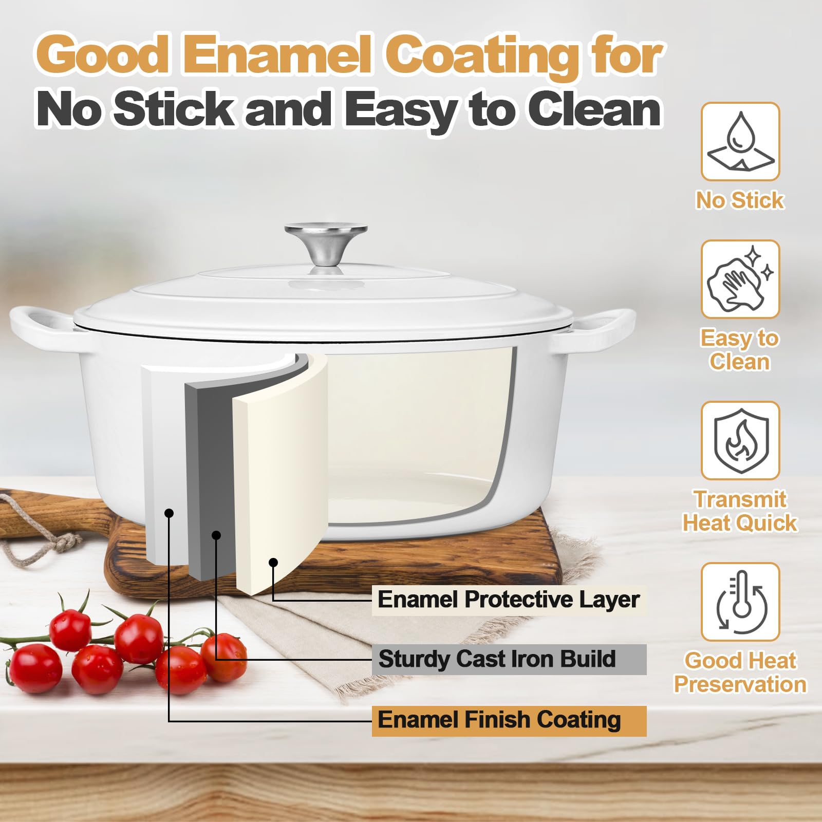HaSteeL Horno holandés ovalado de hierro fundido, olla profunda esmaltada de 5 cuartos de galón con tapa, utensilios de cocina antiadherentes para hornear pan de masa madre, ideal para estofar,