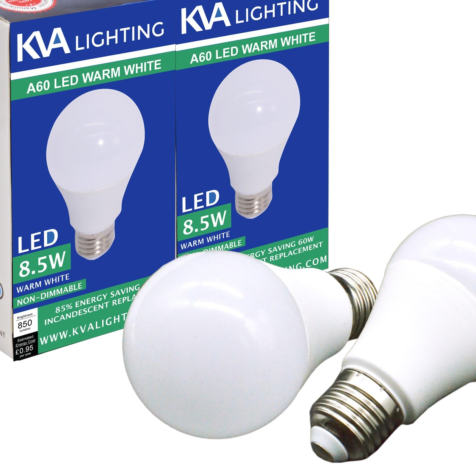 KVA Lighting LED Light Bulb A60 A19 E27, 8.5W to 60W, Bright 850 lumens, Non-Dimmable, 2700K Warm White, Frosted - Pack of 2 [Energy Class A+]