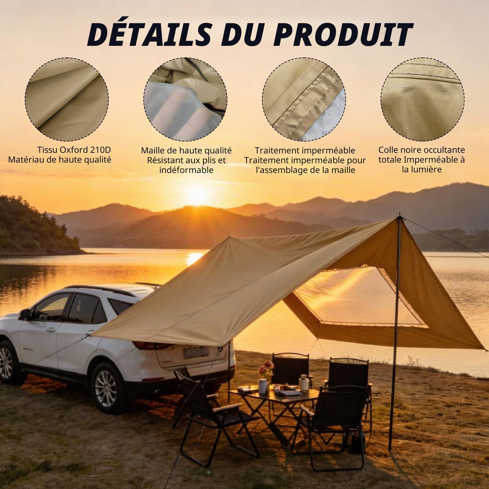 2,8 x 4,8 m - Auvent de Caravane - Tente de hayon pour Camping-Car, Bus, Van, étanche et Protection Solaire - Voile d'ombrage Universelle - Tente de Voiture - Store avec fenêtre d'écran