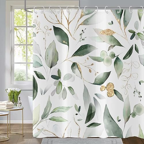 Green and Gold Leaf Shower Curtain, Sage Eucalyptus Leaves with