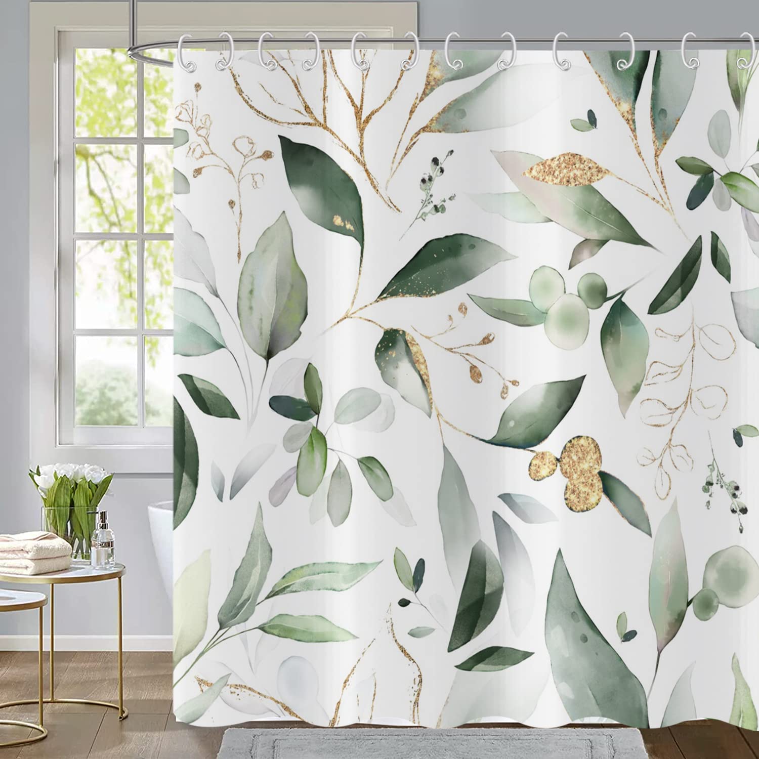 GCIREC Green and Gold Leaf Shower Curtain, Sage Eucalyptus Leaves with Gold Branches Botanical Plants Fabric Bathroom Curtain Home Decor Waterproof