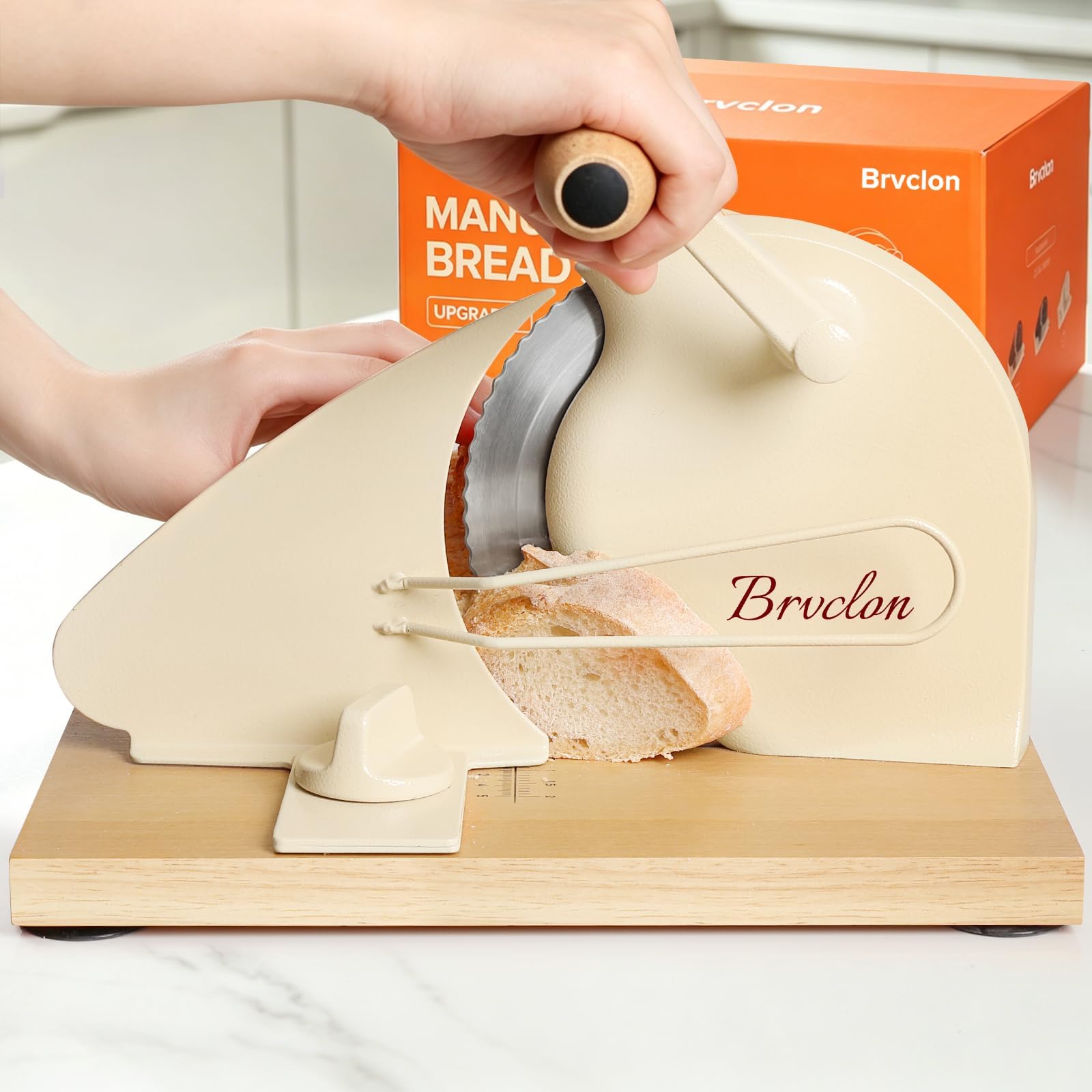 Brvclon Manual Bread Slicer Adjustable Thickness, Hand Crank Bread Slicer for Homemade Sourdough Bread with Scale Line & Suction Cup & Metal Guide,Quality Solid Wood Base