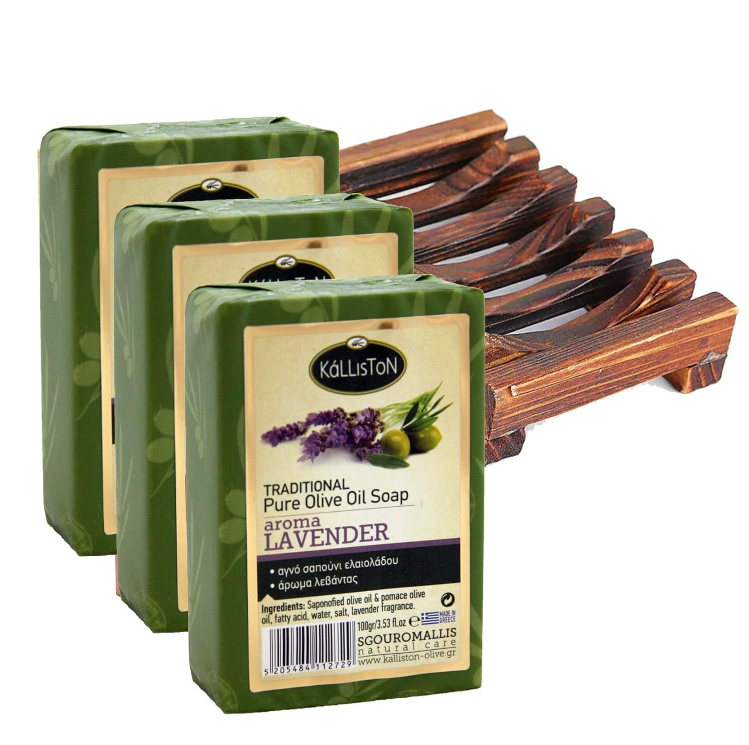 Kalliston, French Lavender Soap Bar with Olive oil, All Skin Types, Nouishing and Moisturising, Bamboo Soap Dish Tray Included, Made in Greece, Pack of 3+1