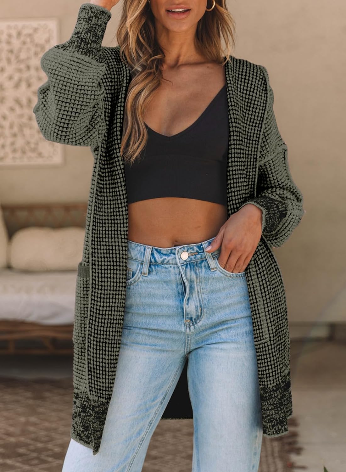 Sidefeel Women's Cardigan Sweaters Hooded Oversized Open Front Chunky Knit Plaid Sweater Coat Fall Fashion Tops - Image 2