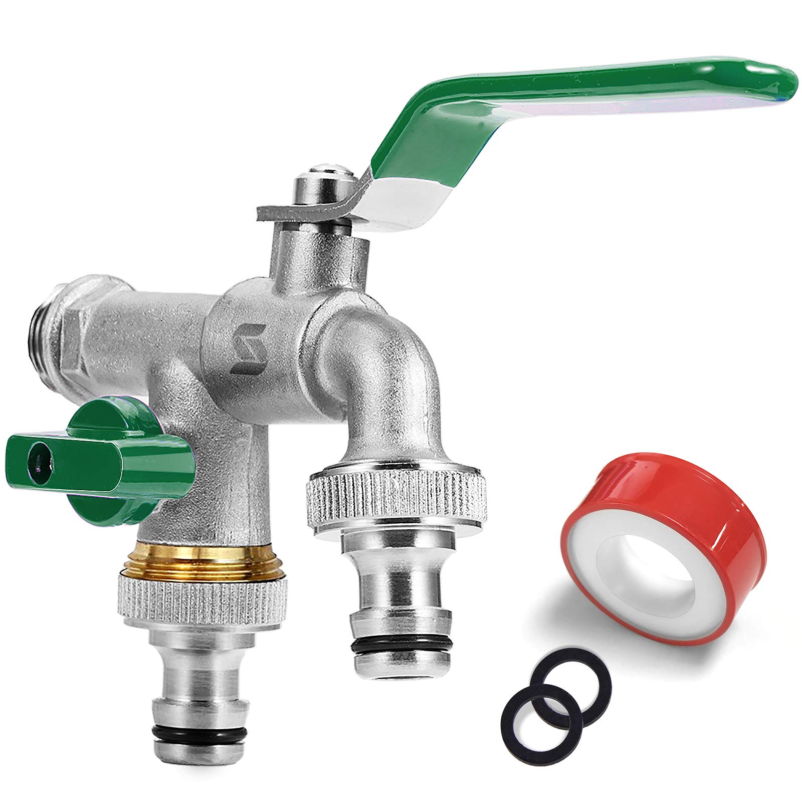 SPGOODGarden tap, double outlet tap, 1/2 inch, made of brass, rust and frost-proof, with 2 x 3/4 inch outlets, double connection and hose nozzle for garden, washing machine (green)