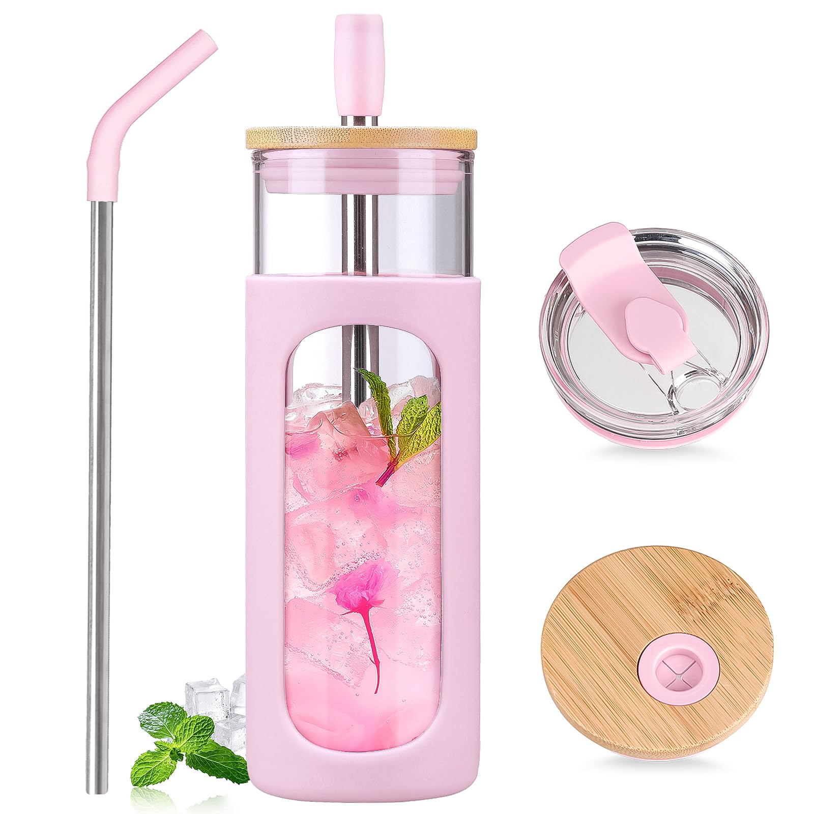 Photo 1 of Kodrine 24oz Glass Tumbler with 2 Lids and Straws, Glass Cup With Bamboo Lid and On-the-go Lid, Reusable Iced Coffee Cup, Ideal for Smoothie, Cold Drinks, Fit Cup Holder, BPA Free (1, Pink)