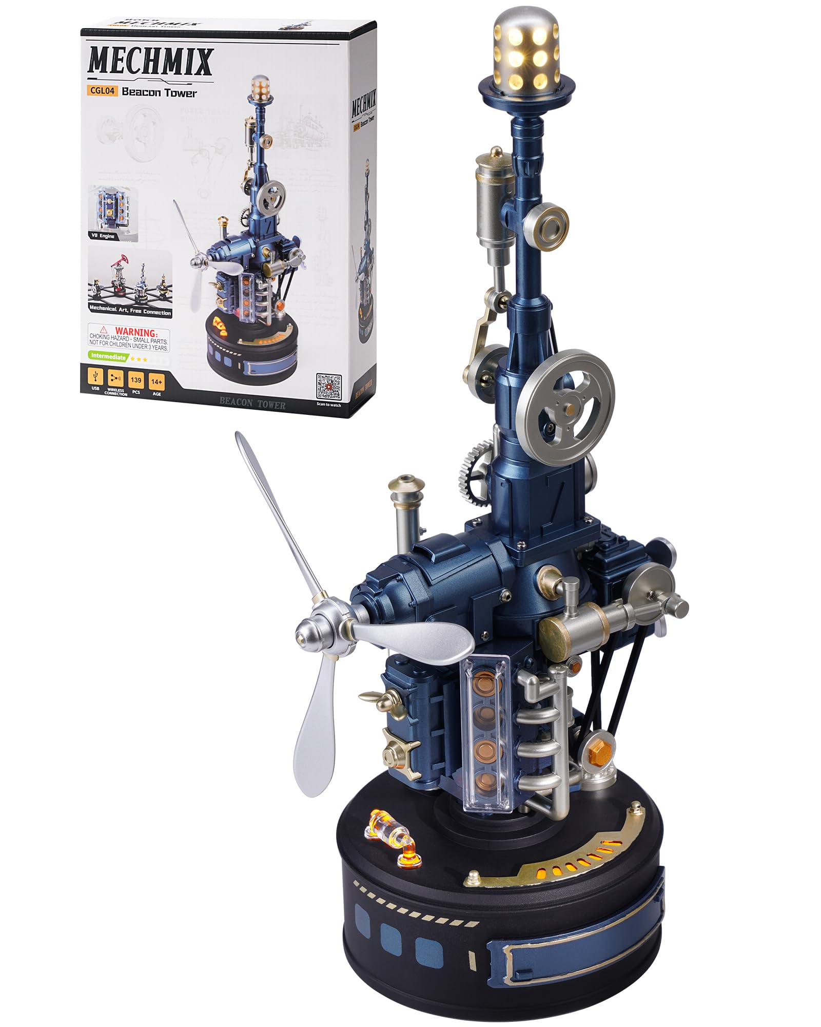 ROBOTIME CGL04 Mechanical 3D Puzzle for Adults, 139-Piece Beacon Tower Model Kit with Light and Motion, Beginner-Friendly 3-Hour Build, Industrial City Desk Decor Gift
