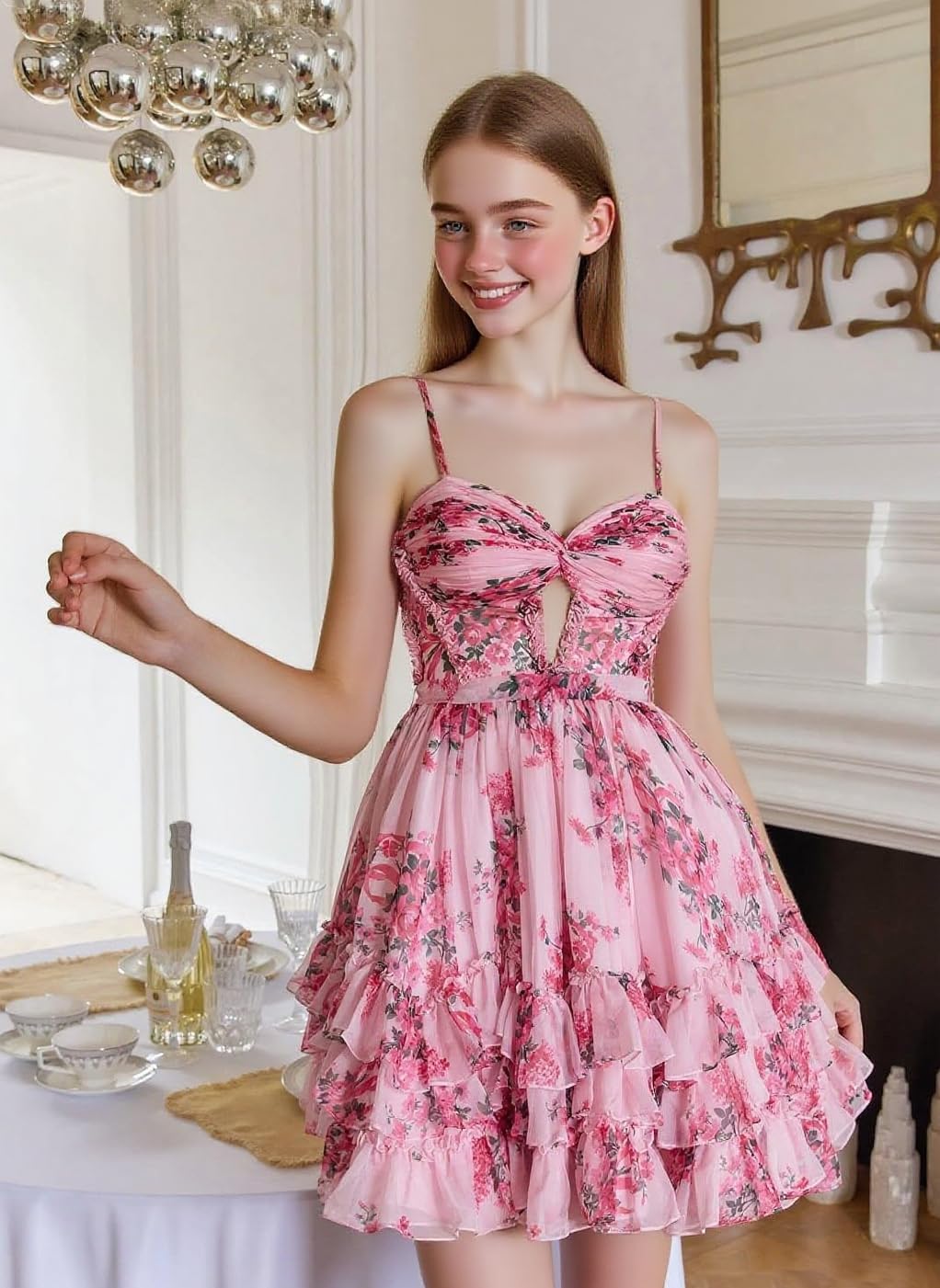 Spaghetti Straps Floral Homecoming Dresses for Teens Short A Line Tulle Prom Cocktail Party Dress