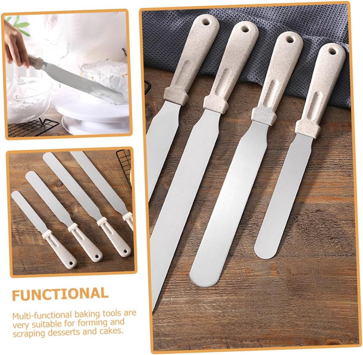 Ipetboom 3pcs Wheat Straw Baking Spatula Set 8/10/12 Inch Reusable Cake Scrapers with Stainless Steel Blades Wear-resistant Kitchen Tools for Cake Decorating and Icing