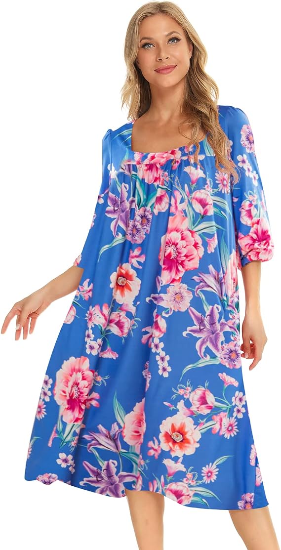 moomoo dress short Ekouaer Nightgowns Short Sleeve House Dress Moomoo Pleated Mumu Dresses V Neck Sleepwear