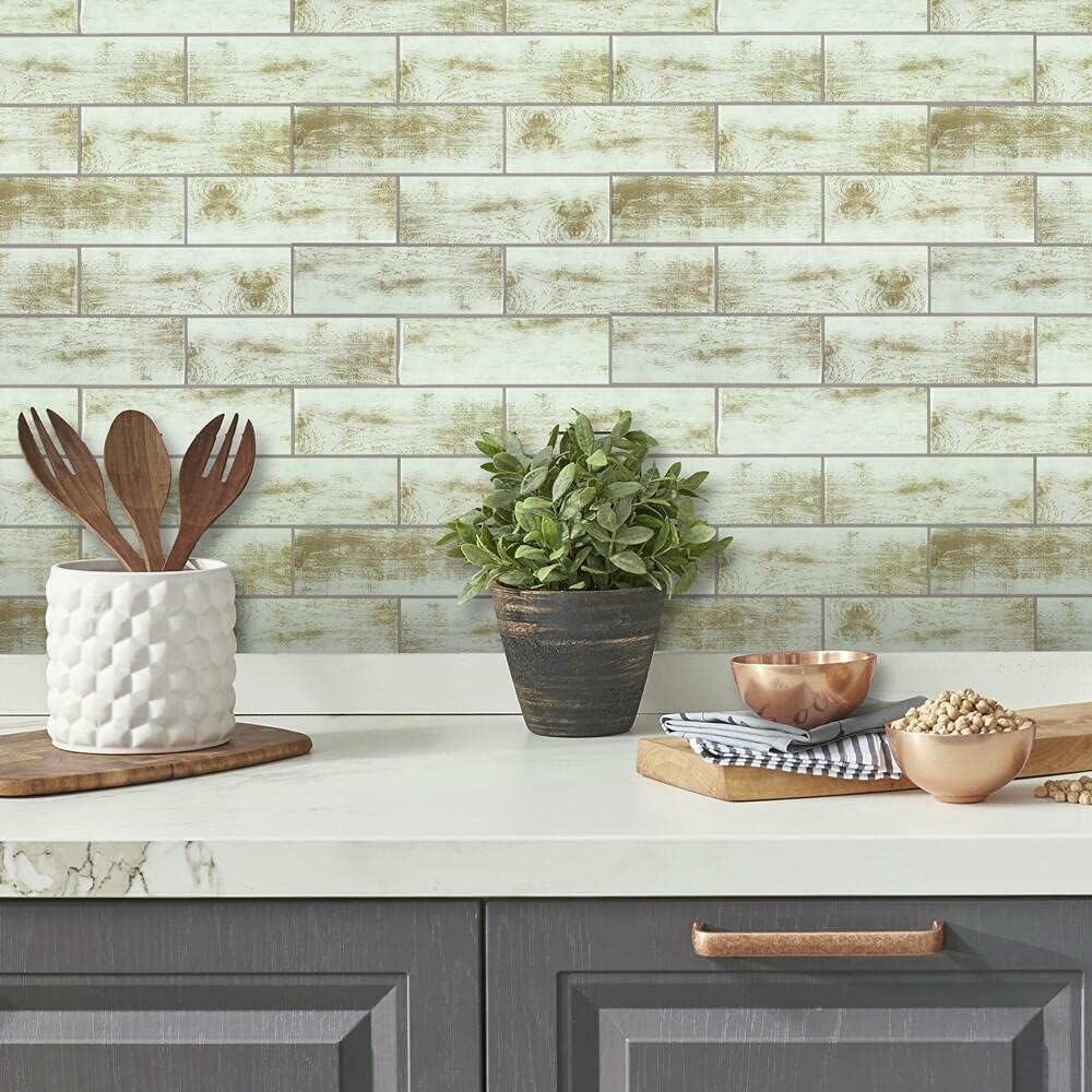 RoomMates TIL3691FLT StickTiles Distressed Wood Subway Peel and Stick Tile Backsplash , Tan