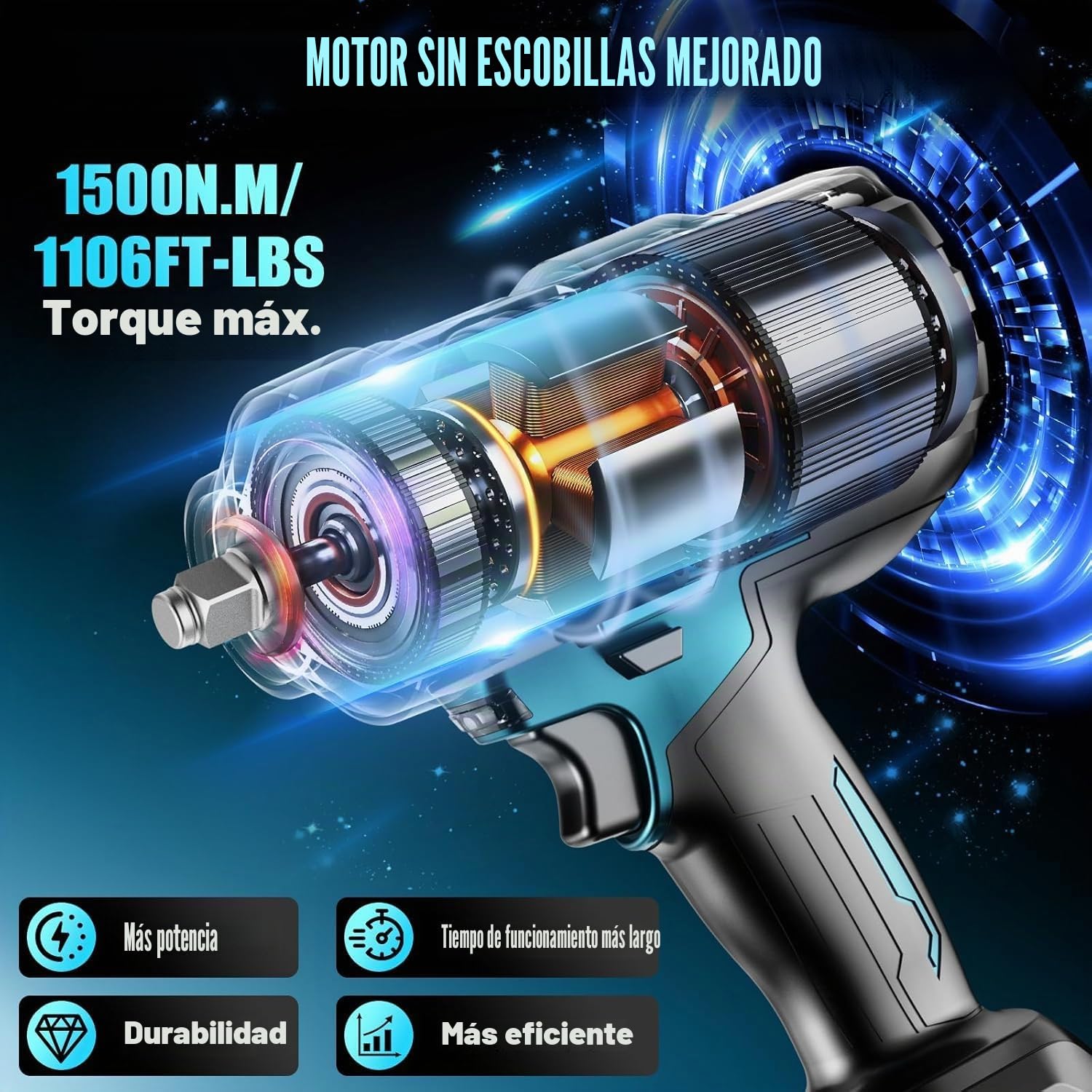 1500Nm Llave de Impacto inalámbrica sin escobillas, 1/2" llave de impacto con Batería de 2x4.0Ah, Cargador Rápido, Atornillador de impacto con 5 vasos para coche y hogar