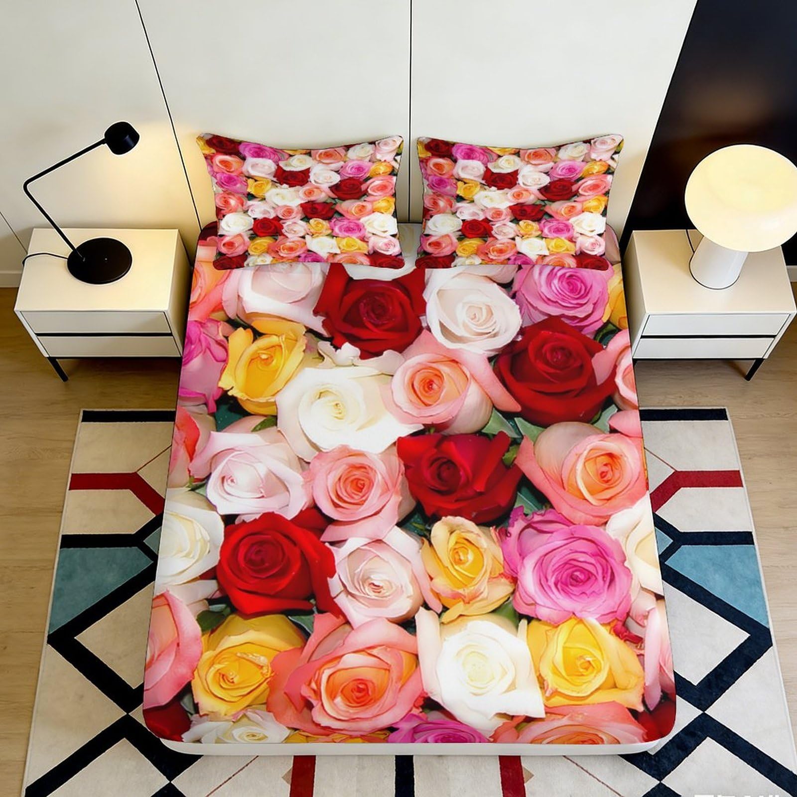 3D Printed rose floral Fitted Sheet for bedroom, Microfiber soft touch, wrinkle resistant, guest room bedding decor, easy to remove 180x200x25cm