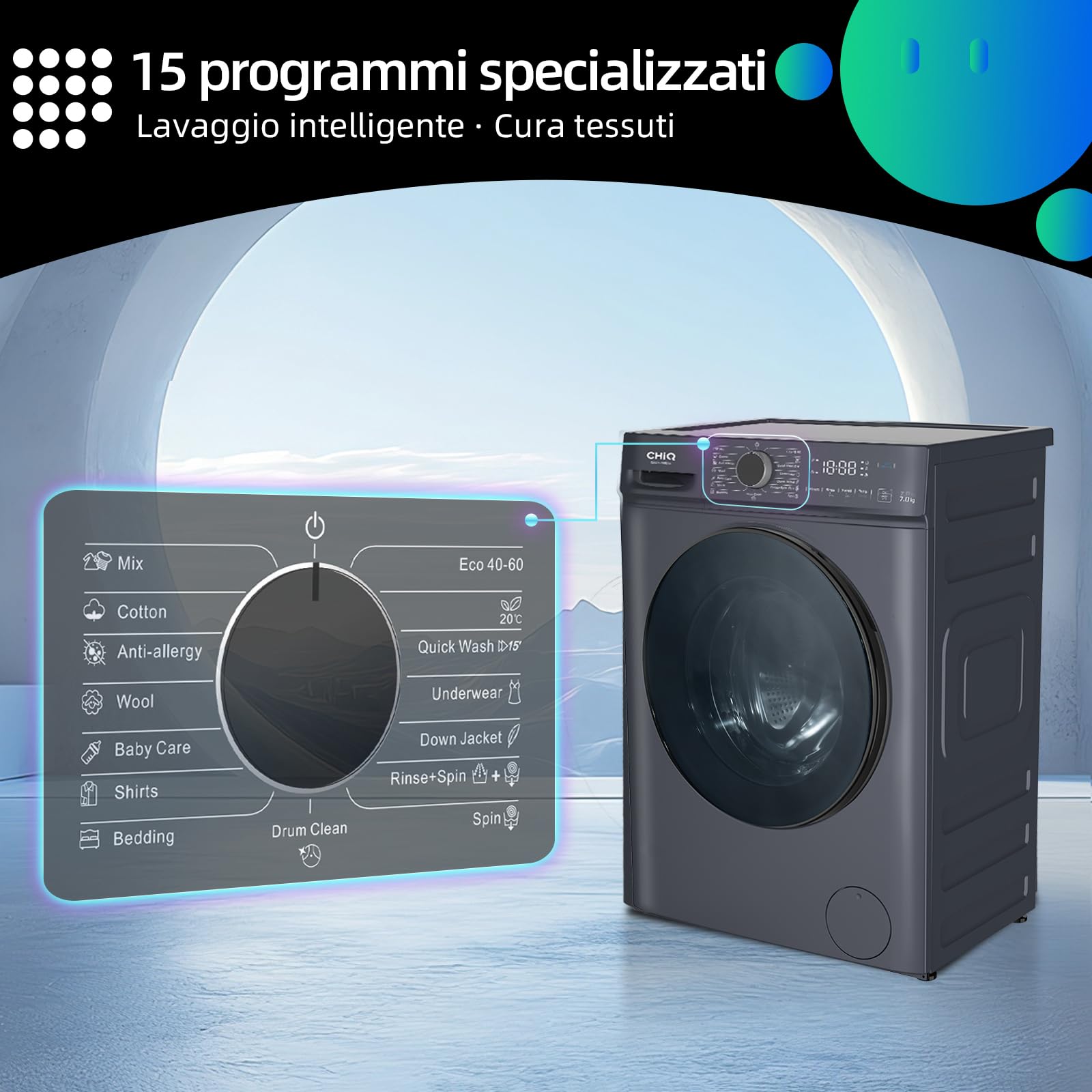 CHiQ CW07123863AX Lavatrice Slim- 7KG, Classe A, Motore BLDC 1200 RPM, Vapore e Lavaggio rapido, 15 Programmi, Design compatto (60x46,5x85cm) - Grigio moderno