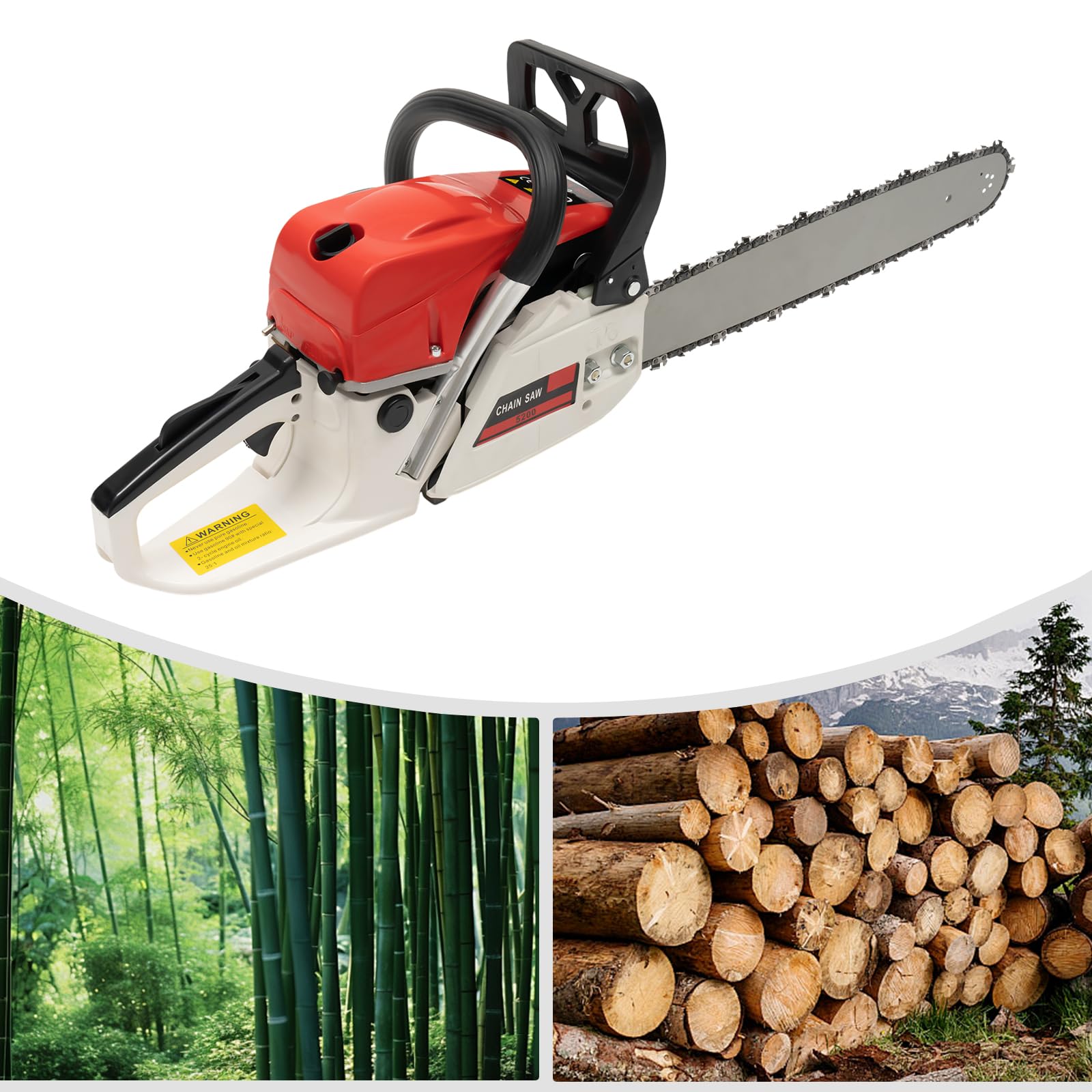 Motosierra a Gasolina 52cc Profesional 2,0kW, Sierra de Cadena con Espadín 51cm (20") y Arranque por Tiro, Doble Interruptor y Freno de Cadena, para Tala, Poda, Leña y Jardinería, con Kit Completo