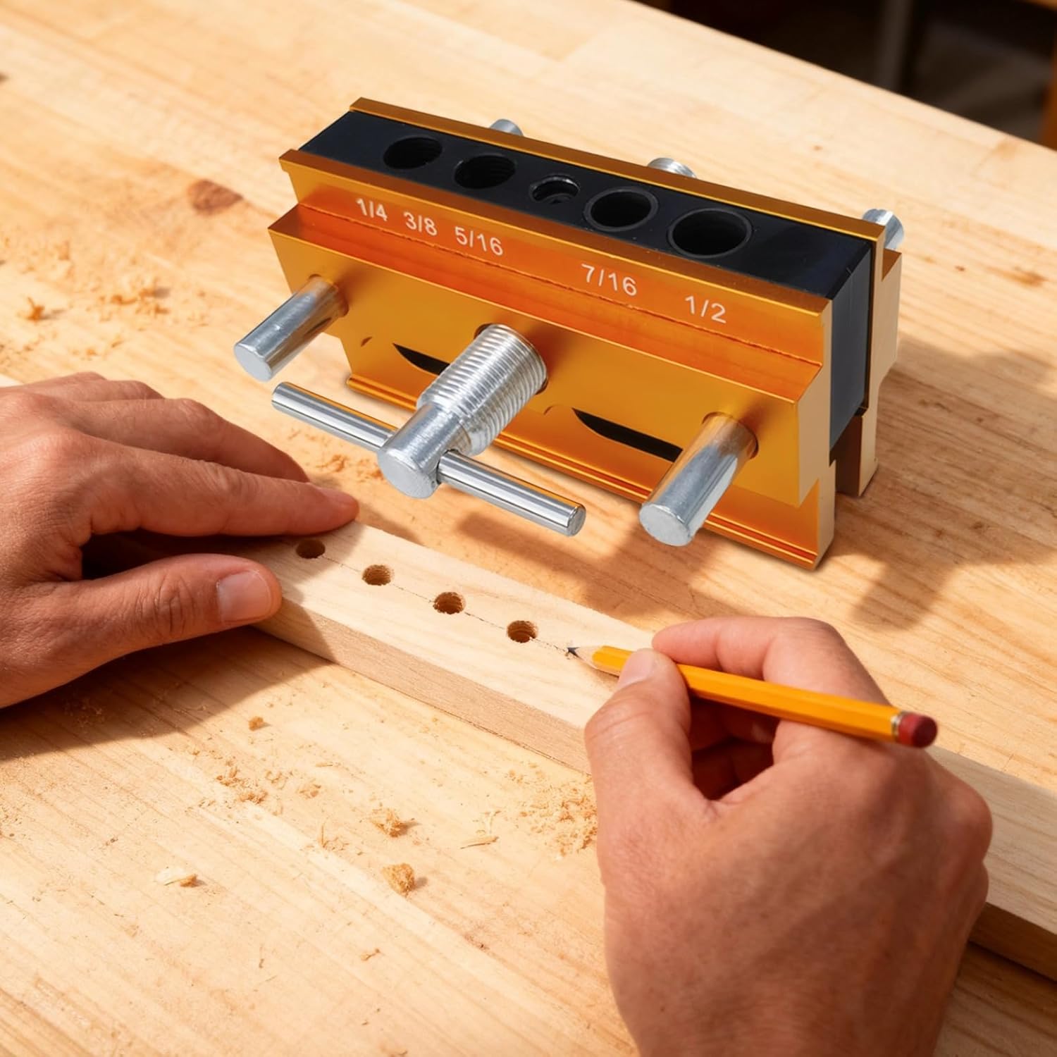 Dowel Jig Kit for Woodworking, Aircraft Grade Aluminum Alloy, Self Centering, 6 Drillings, Adjustable Width, Imperial & Metric, 0.4-2.4 in
