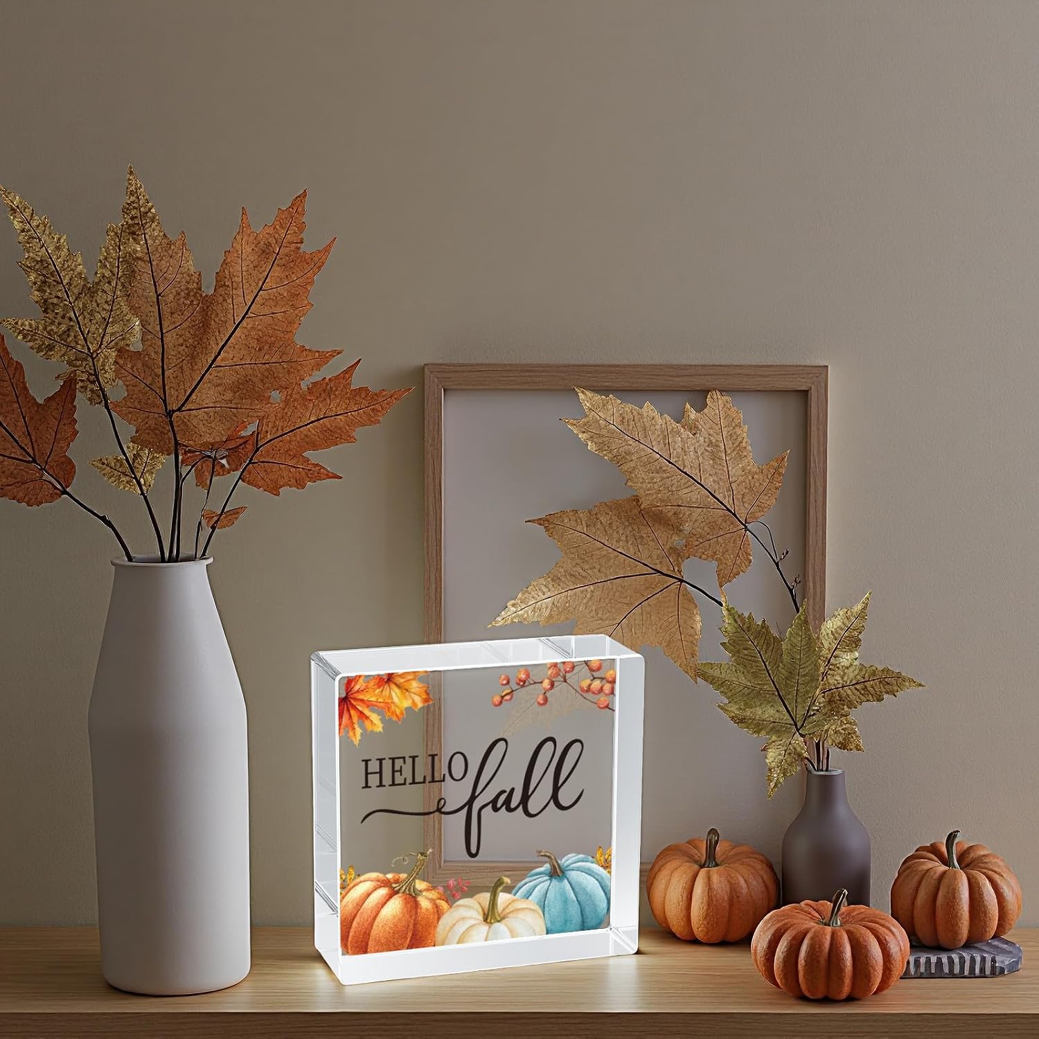 Fall Decorations for Home Fall Decor Home Room Pumpkins Leaves Acrylic Table Sign Rustic Shelf Desk Office Decor Season Sign House Warming Gifts 4.5 x 4.5 Inch