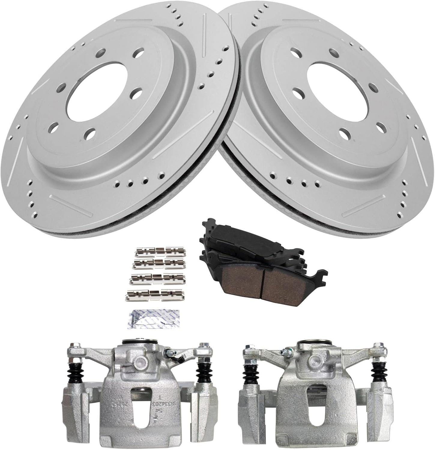 TRQ Rear Performance Brake Pad & Rotor Kit Brake Caliper Brake Pads Brake Rotors Set Ceramic Vented Premium G-Coated Compatible with 2018 Ford F-150
