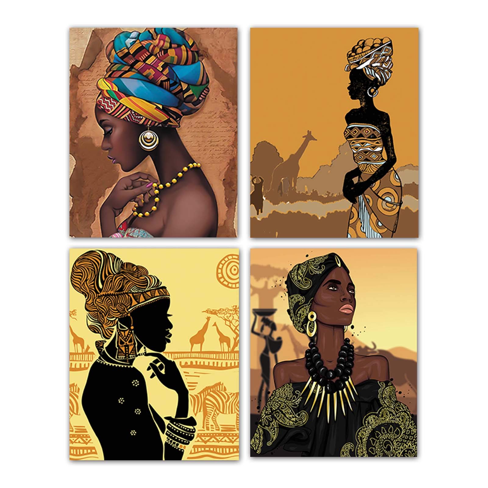 Retro Style Tribal African American Wall Art Painting Set of 4 (8”X10” ) Black Woman Ethnic Ancient Theme Girl Room Poster Canvas Art Painting Bedroom or Bathroom Living Room Decor ,No Frame