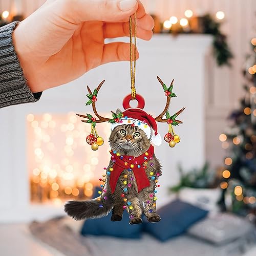 Miniatura 10 de Talataca Maine Coon Gato con sombrero de Navidad, reno con cadena de luces 2D plano para espejo retrovisor para automóvil, accesorios para el árbol