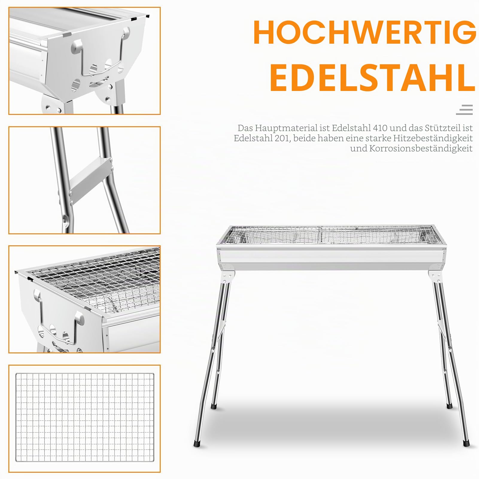 XXL Holzkohlegrill,Tragbarer Kohlegrill, Klappgrill Edelstahl BBQ