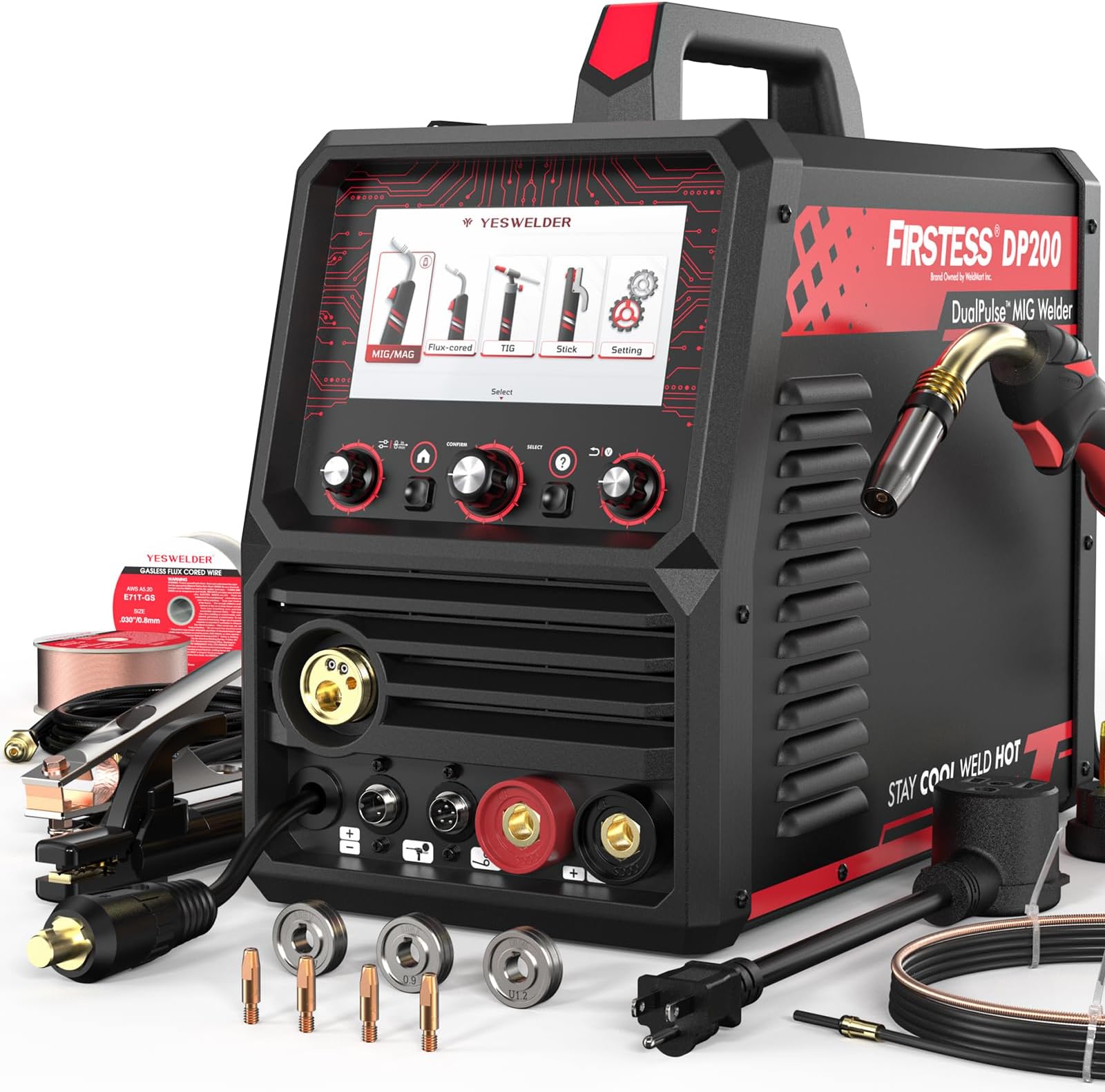 YESWELDER Firstess DP200 Welder, MIG/Pulsed MIG/Dual Pulsed MIG/Spot Welding/Flux Core/Spool Gun MIG/Lift TIG/Stick 7-Inch LCD Screen 120/240V Multiprocess Welding Machine
