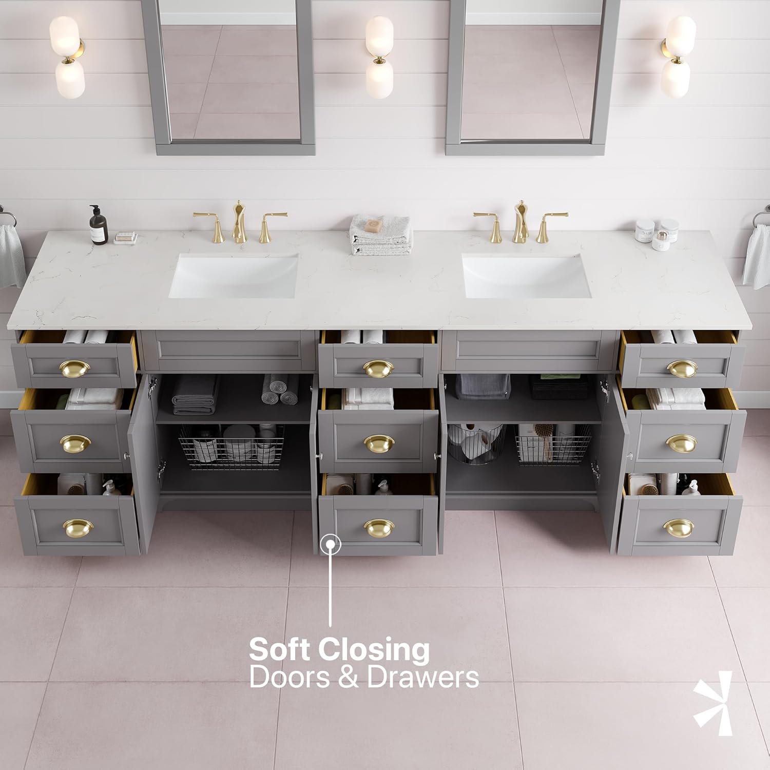 Eviva Epic 96 in. Gray Double Sink Bath Vanity with Carrara Quartz Top and Undermount Porcelain Sinks